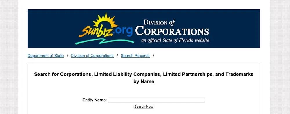screenshot sunbiz.org website the official site of of Florida for starting an LLC