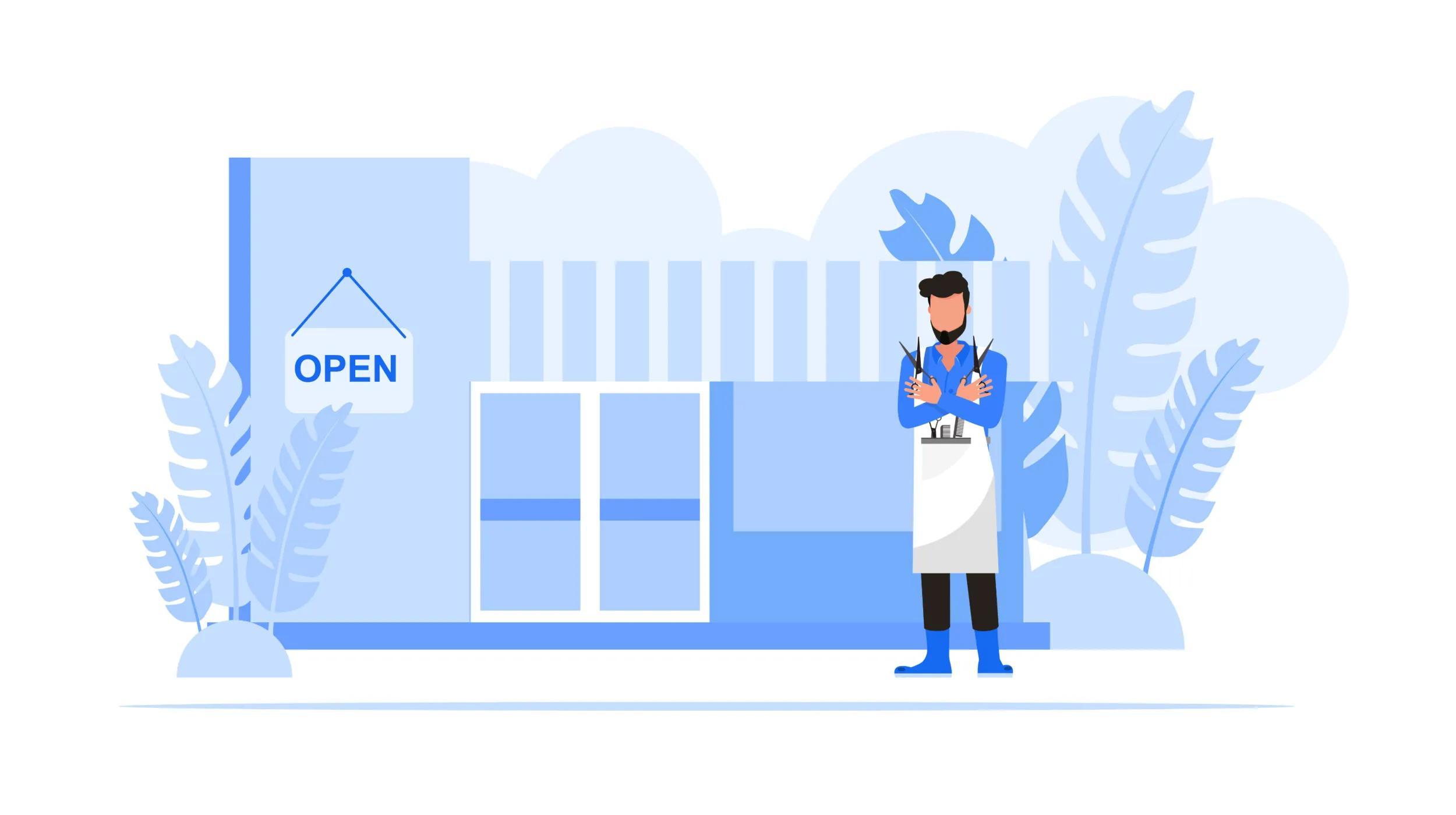 An illustration of a barber standing outside his shop, wearing a blue shirt, white apron, and blue boots. He holds scissors and combs in both hands, crossed over his chest. The shop has a glass door with an "OPEN" sign hanging, and the background features plants and abstract shapes in shades of blue and white.