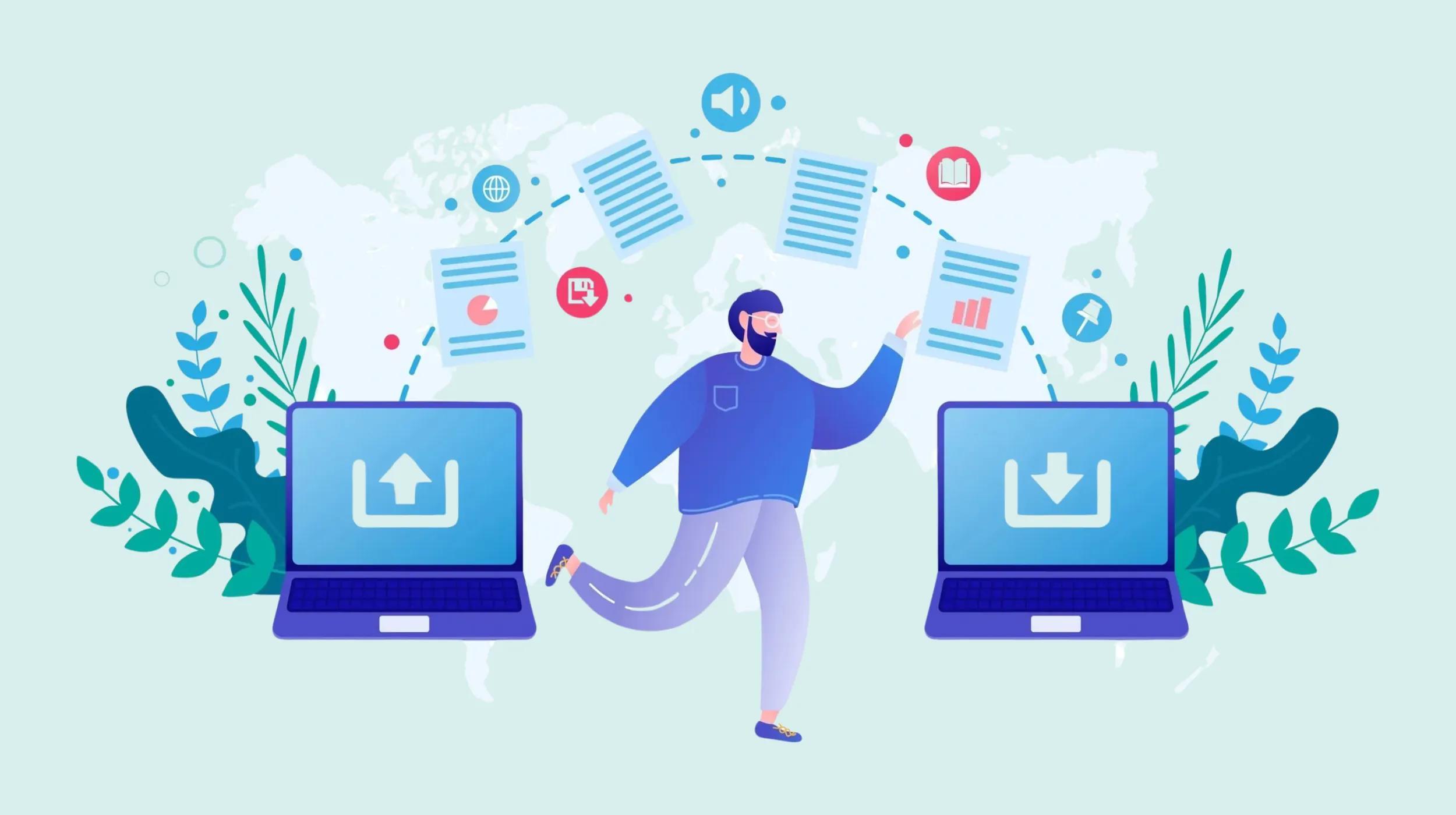 Illustration of a man facilitating file transfer between two laptops. One laptop has an upload icon, and the other has a download icon. Documents with various icons, such as charts, a book, and a speaker, are shown moving between the laptops, symbolizing data sharing. The background features a world map and decorative leaves.