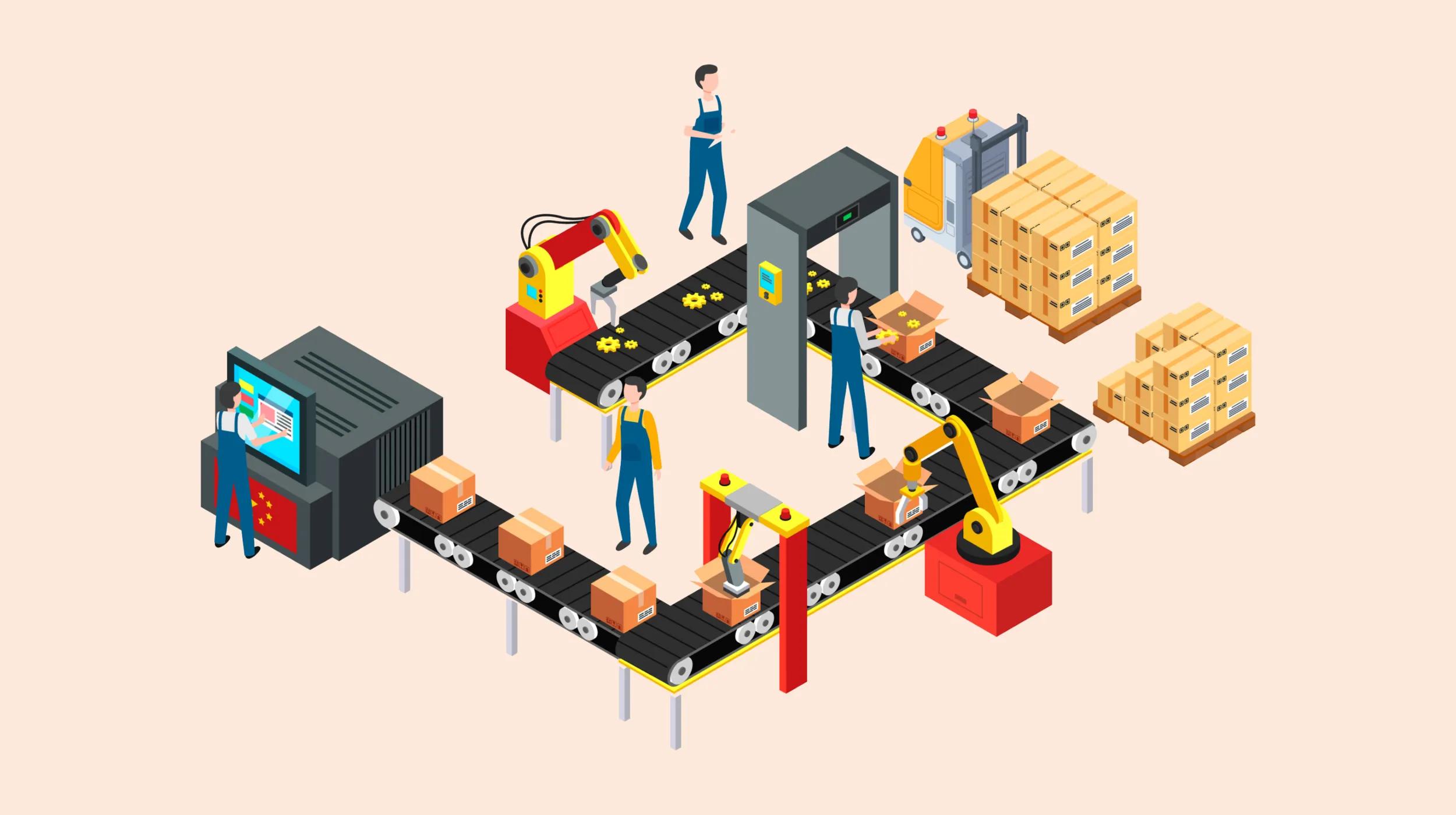 Illustration of a modern automated warehouse or factory assembly line. The scene includes conveyor belts transporting cardboard boxes, robotic arms performing packaging and quality checks, and workers overseeing operations. One worker is using a control panel with a screen, while another is placing boxes onto the conveyor. Pallets of stacked boxes are shown in the background, indicating a shipping or storage area.
