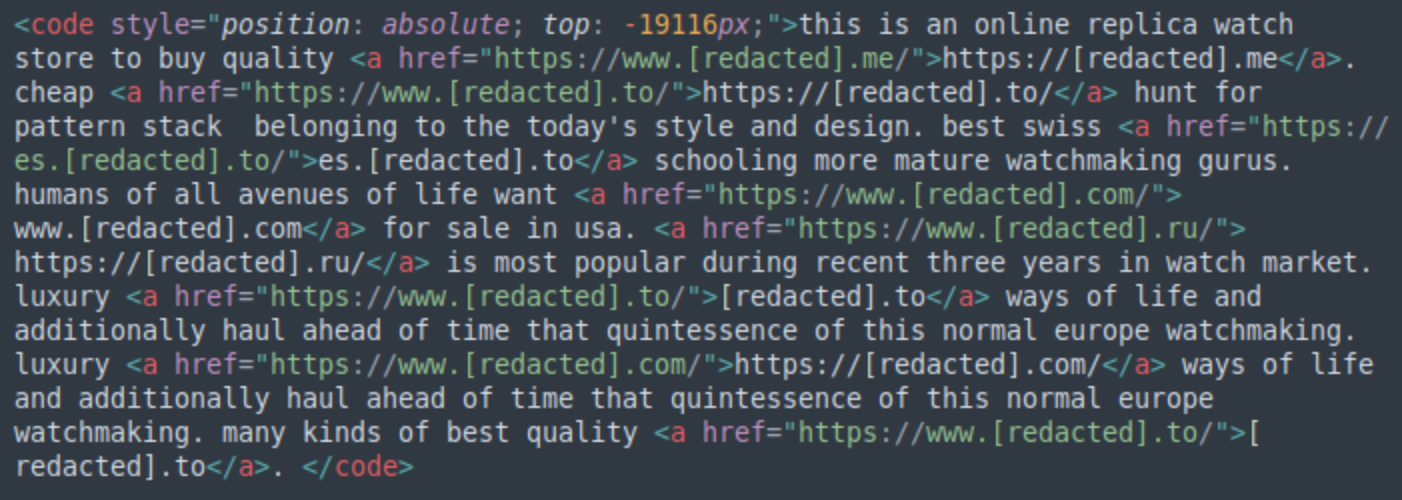 Example of hidden content SEO spam.