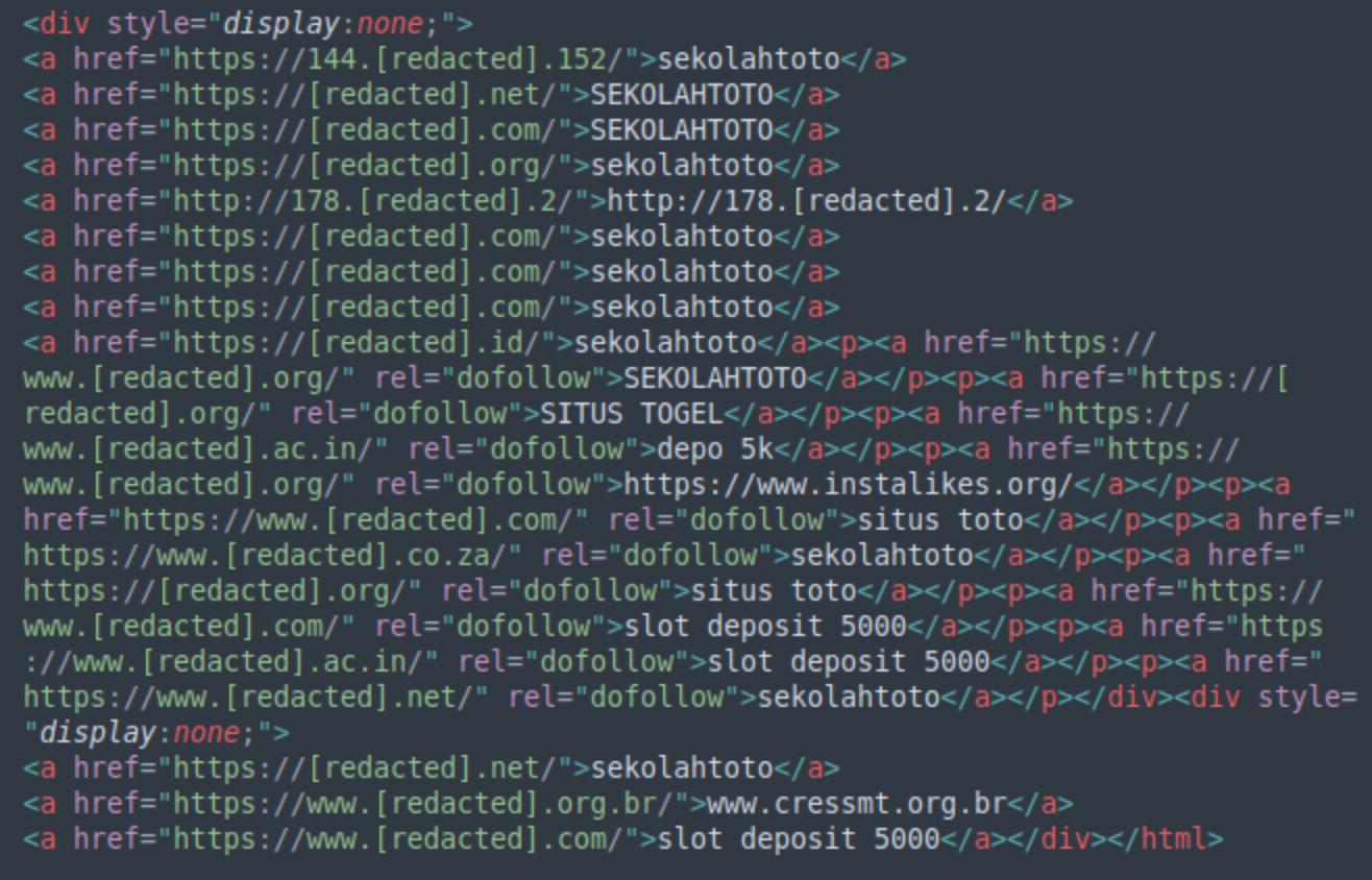 Example of gambling SEO spam infection.