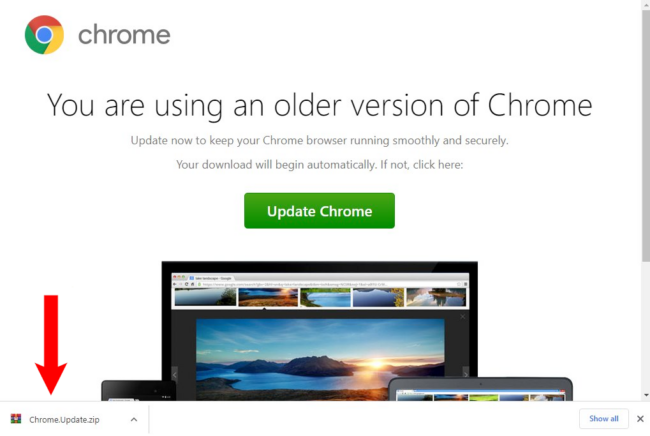 Example of a fake Chrome update served by SocGholish malware.