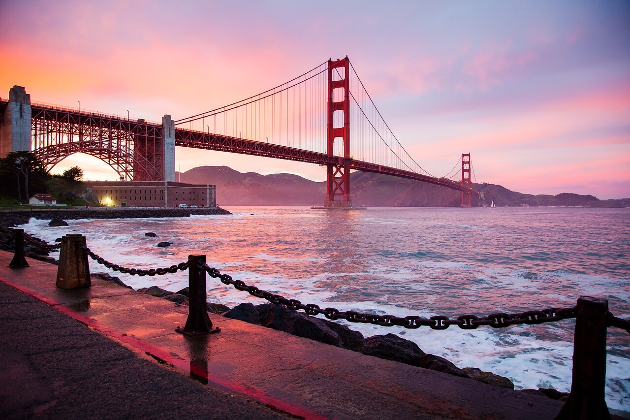 A Landscape Photo Featuring the Golden Gate Bridge at Sunset