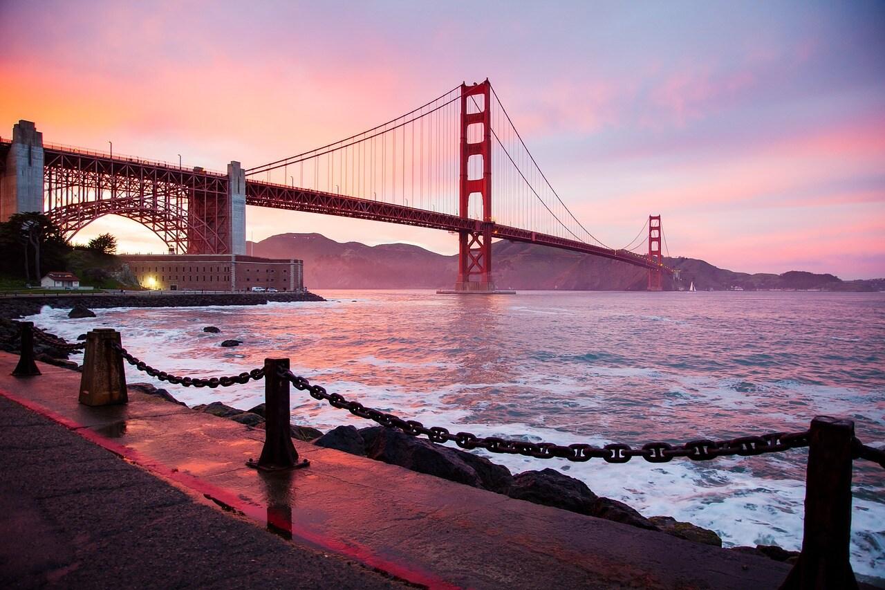 A Landscape Photo Featuring the Golden Gate Bridge at Sunset