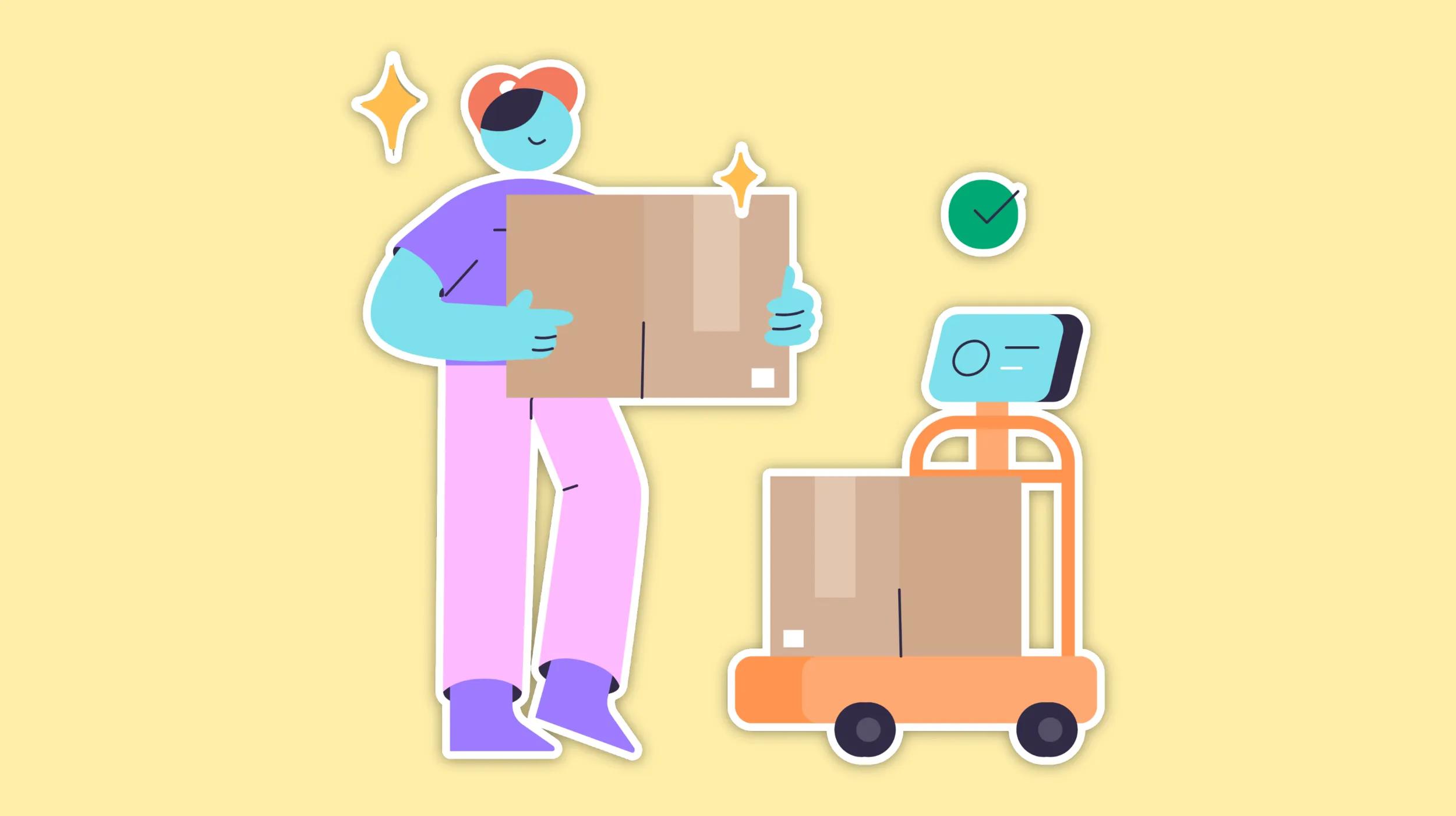 Illustration of a person with blue skin, wearing a red cap, purple shirt, and pink pants, holding a cardboard box. They are standing next to an orange cart carrying another box and a tablet device. Sparkles and a green checkmark icon are also present, indicating successful delivery or task completion.
