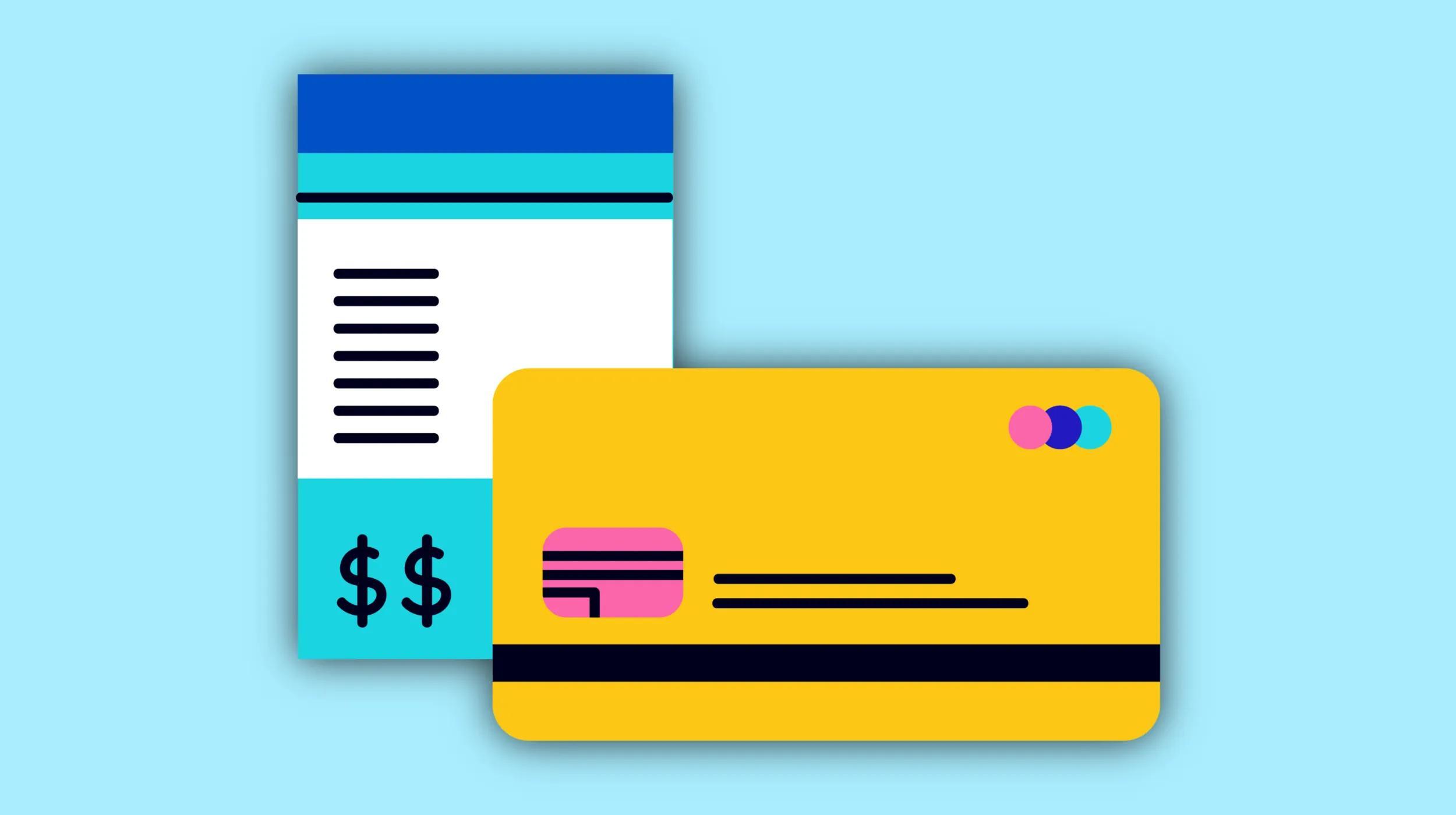 An illustration of a yellow credit card overlapping a blue and white receipt or bill. The credit card has a magnetic stripe, chip and minimal design elements, while the bill shows dollar signs and horizontal lines representing text. The background is light blue.