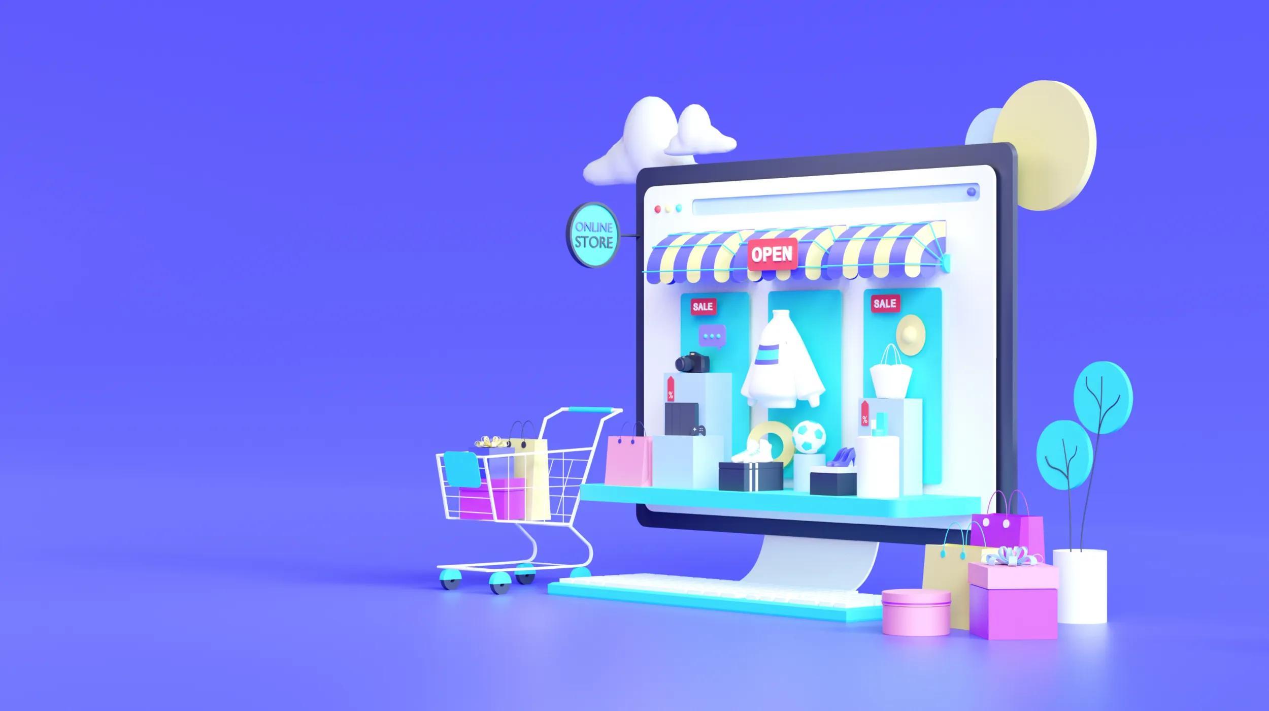 A computer screen with a shop on display. It has a blue and yellow awning, with a sign that says "OPEN". There is a shopping cart and gift bags, with bright colors. The scene depicts an online store with a purple-blue background.