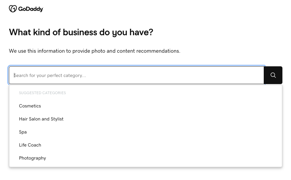 Screenshot of GoDaddy Website Builder setup page, asking what type of business the user has.