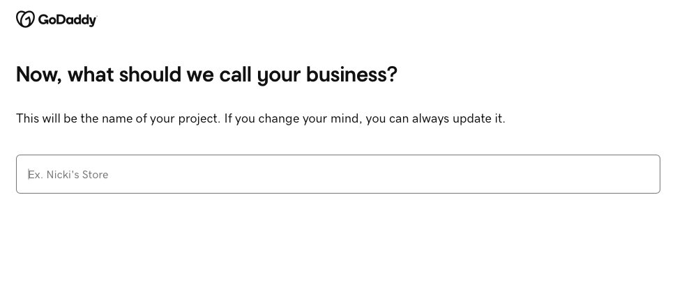 Screenshot of GoDaddy Website Builder asking for the user's business name.