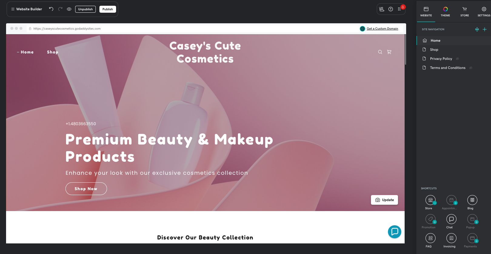 Site structure selection for GoDaddy Website Builder.