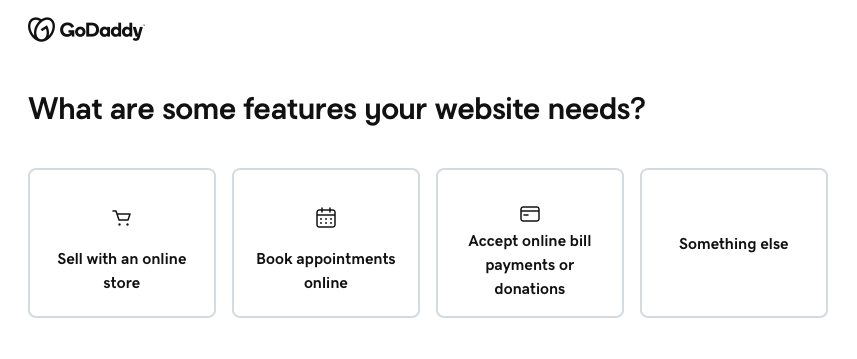 Screenshot of GoDaddy Website Builder setup questions.