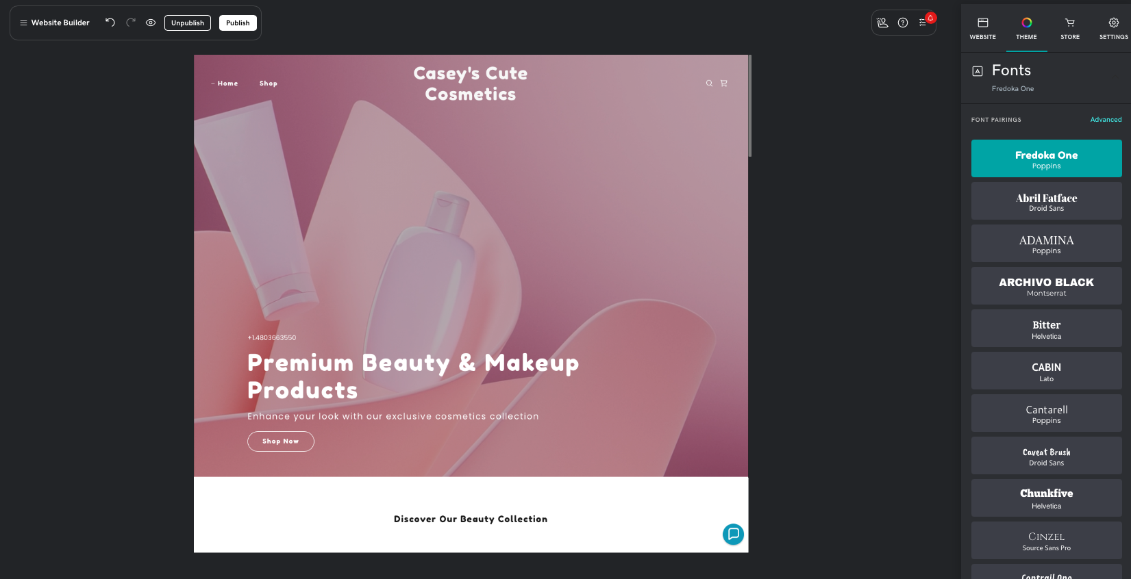 Font picker in GoDaddy Website Builder.