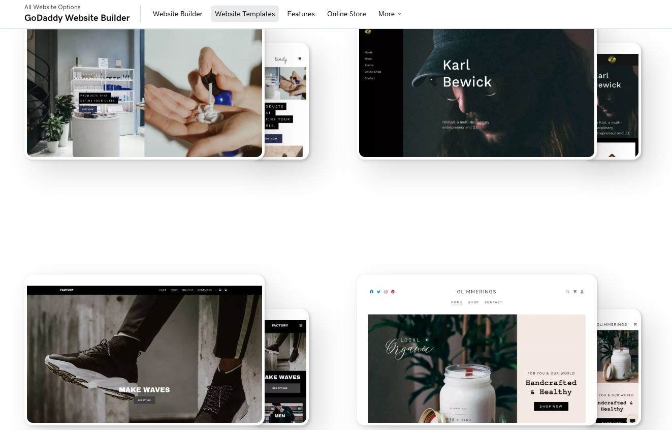 Screenshot of GoDaddy Website Builder template options.