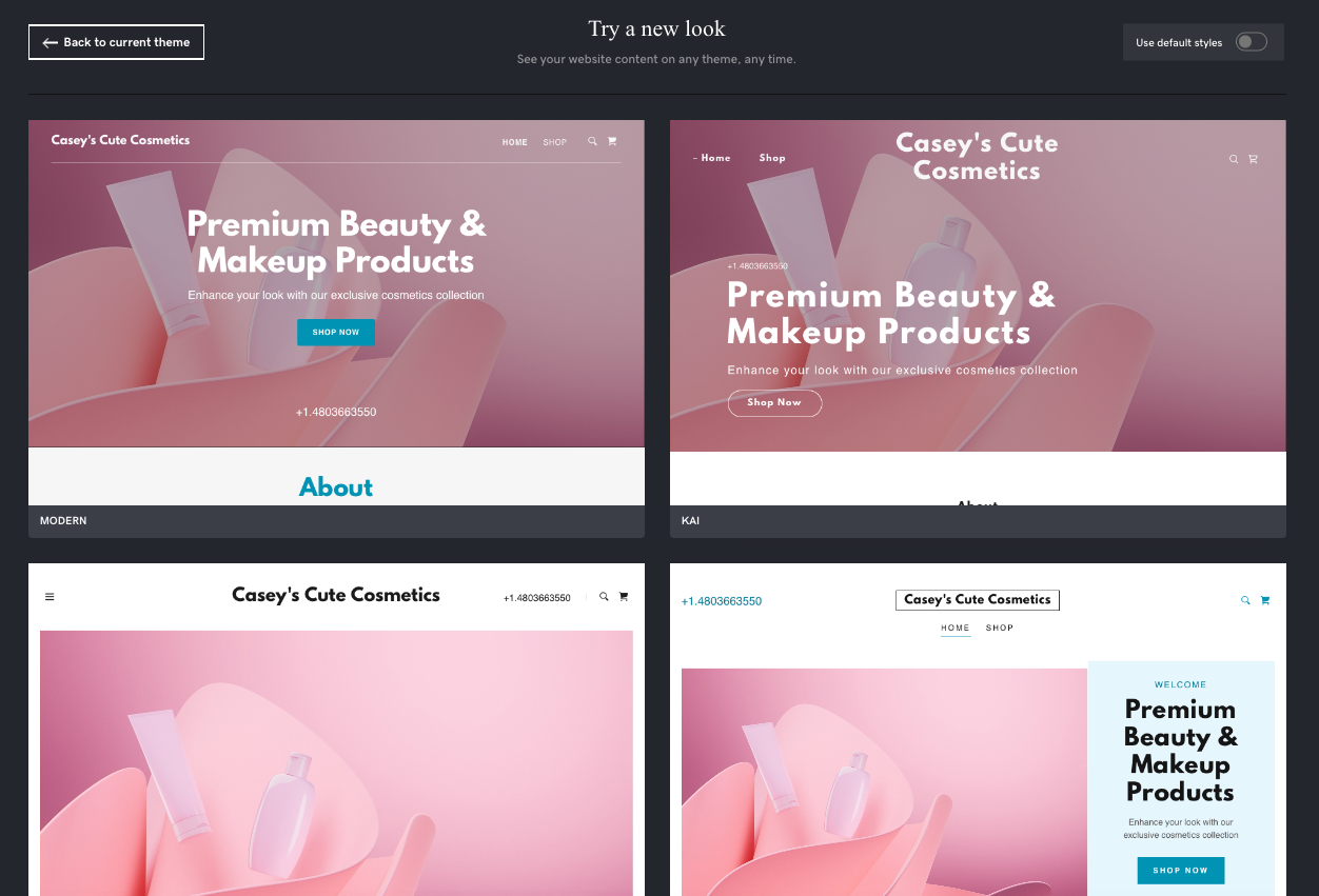 GoDaddy Website Builder template options for a fictional business.