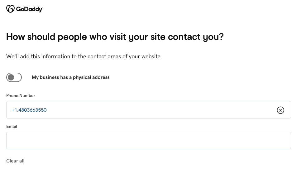 Website Builder setup asking for business contact details.