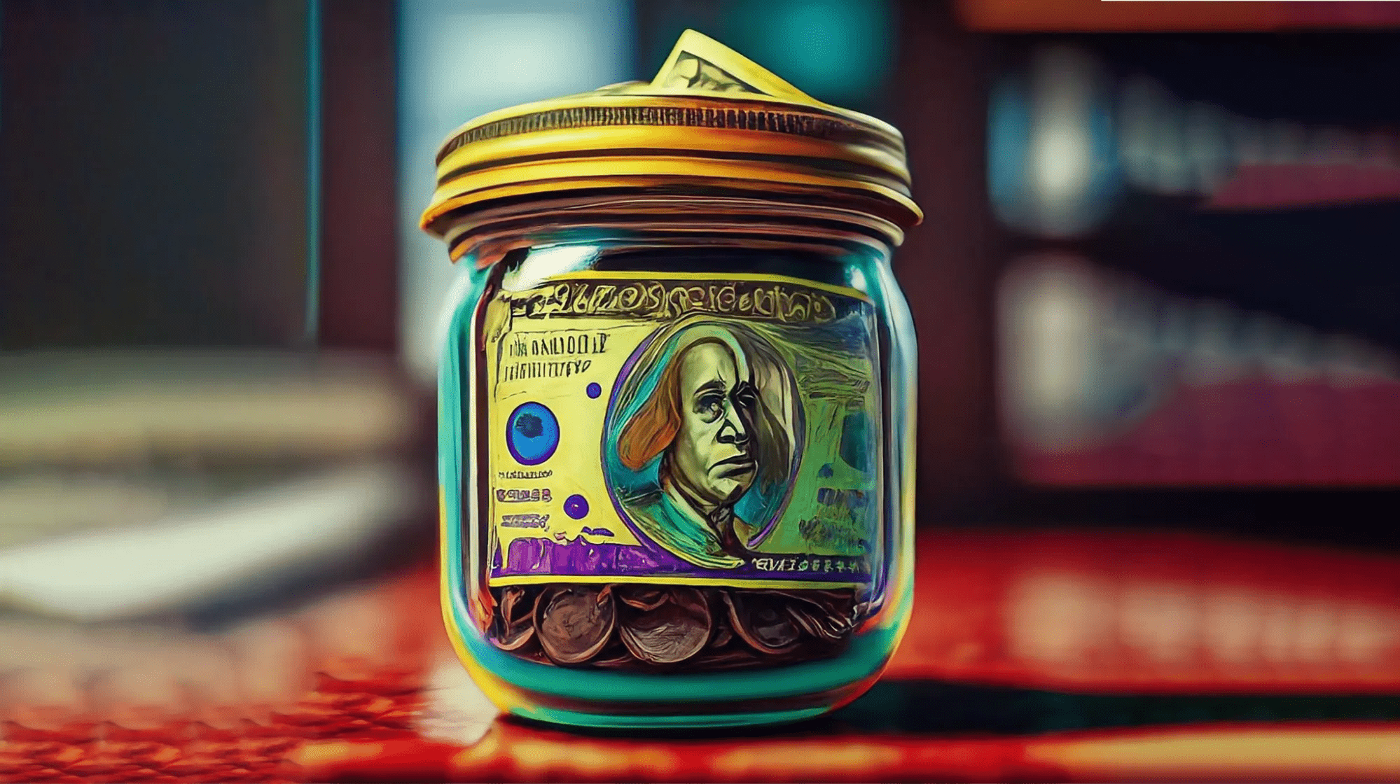 A Tip Jar Sits on a Counter Containing Bills and Change