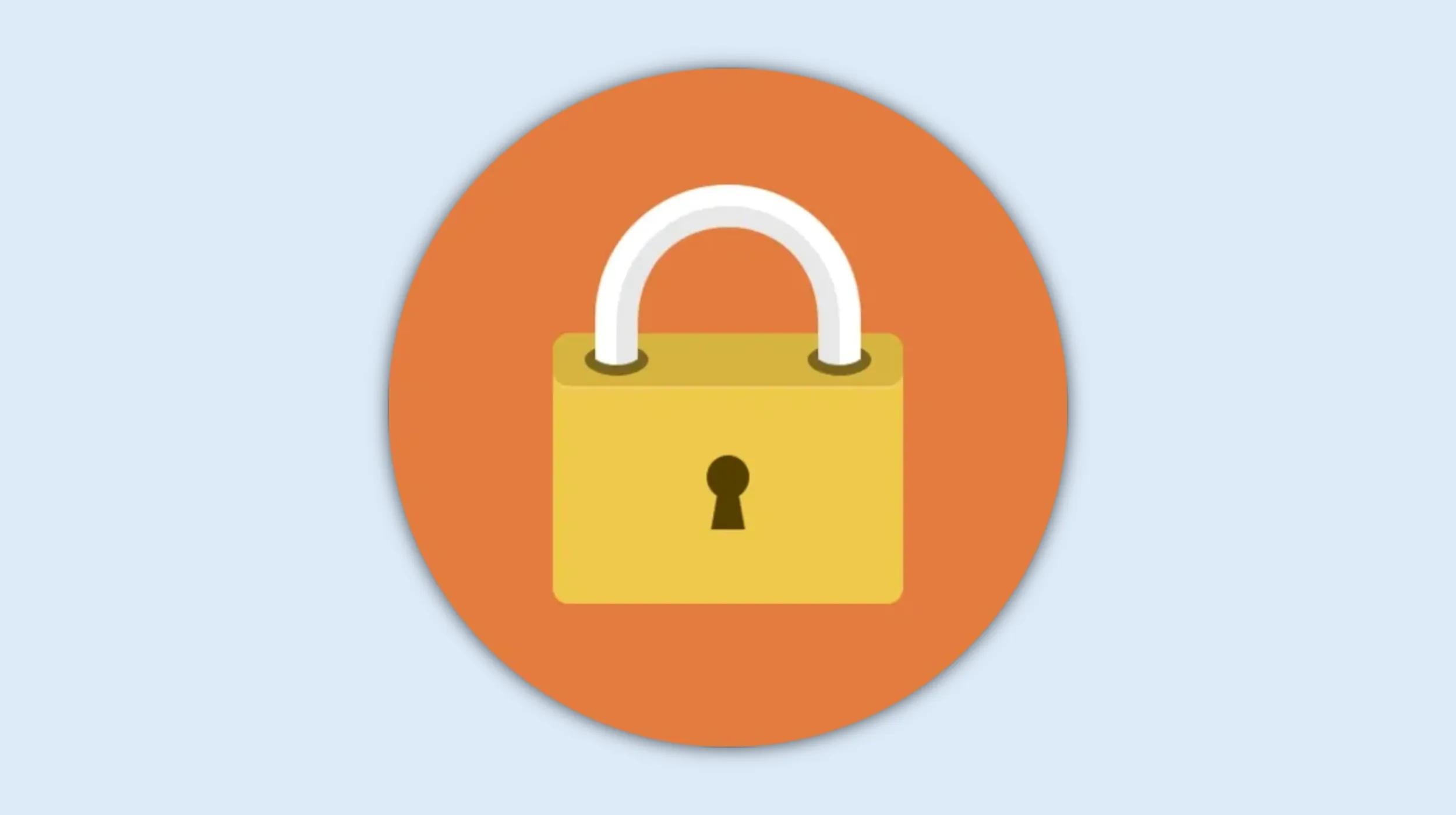 Illustration of a yellow padlock with white shackle, centered inside an orange circle on a light-blue background. The lock symbolizes security and restricted access.