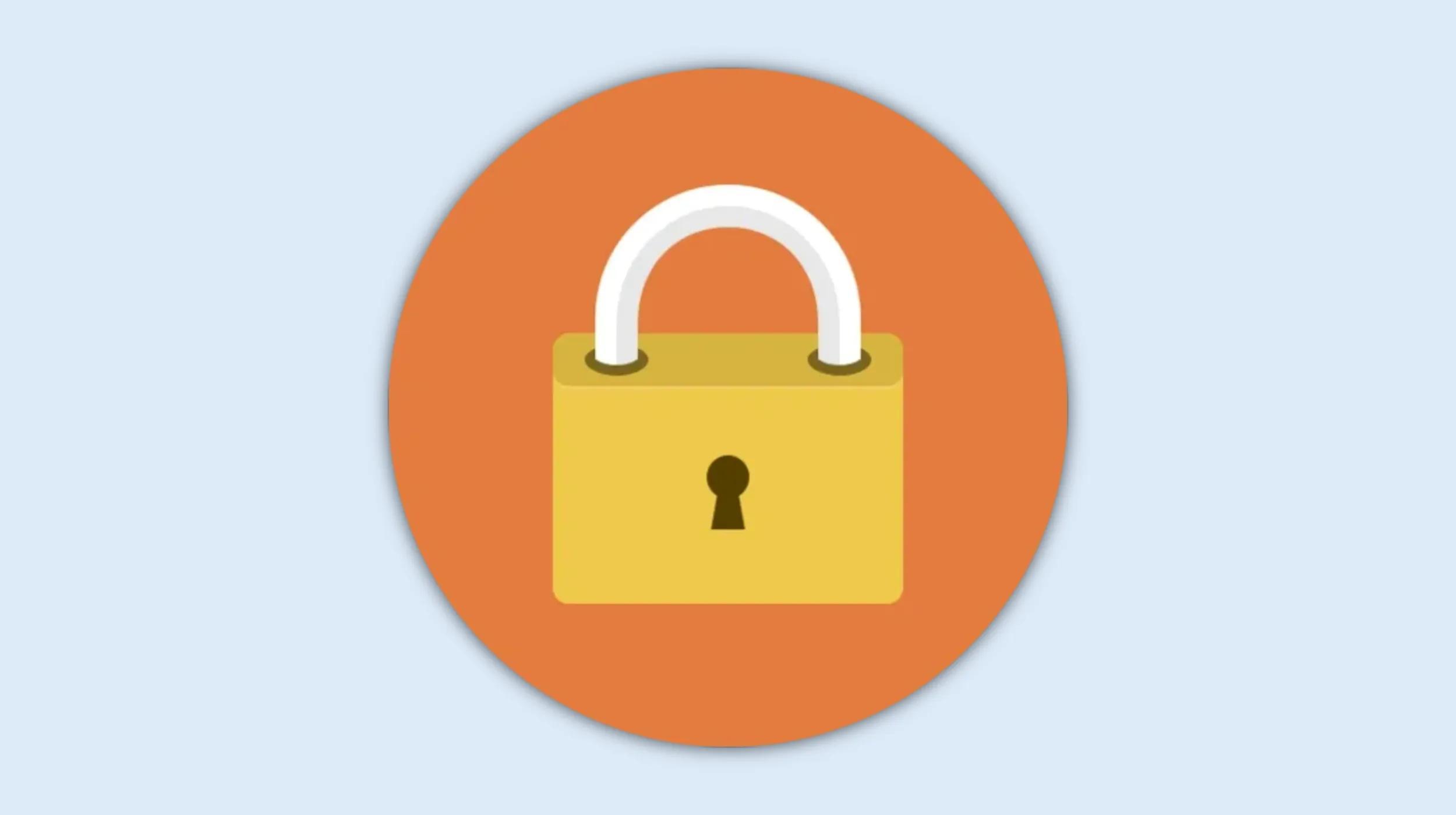 Illustration of a yellow padlock with white shackle, centered inside an orange circle on a light-blue background. The lock symbolizes security and restricted access.