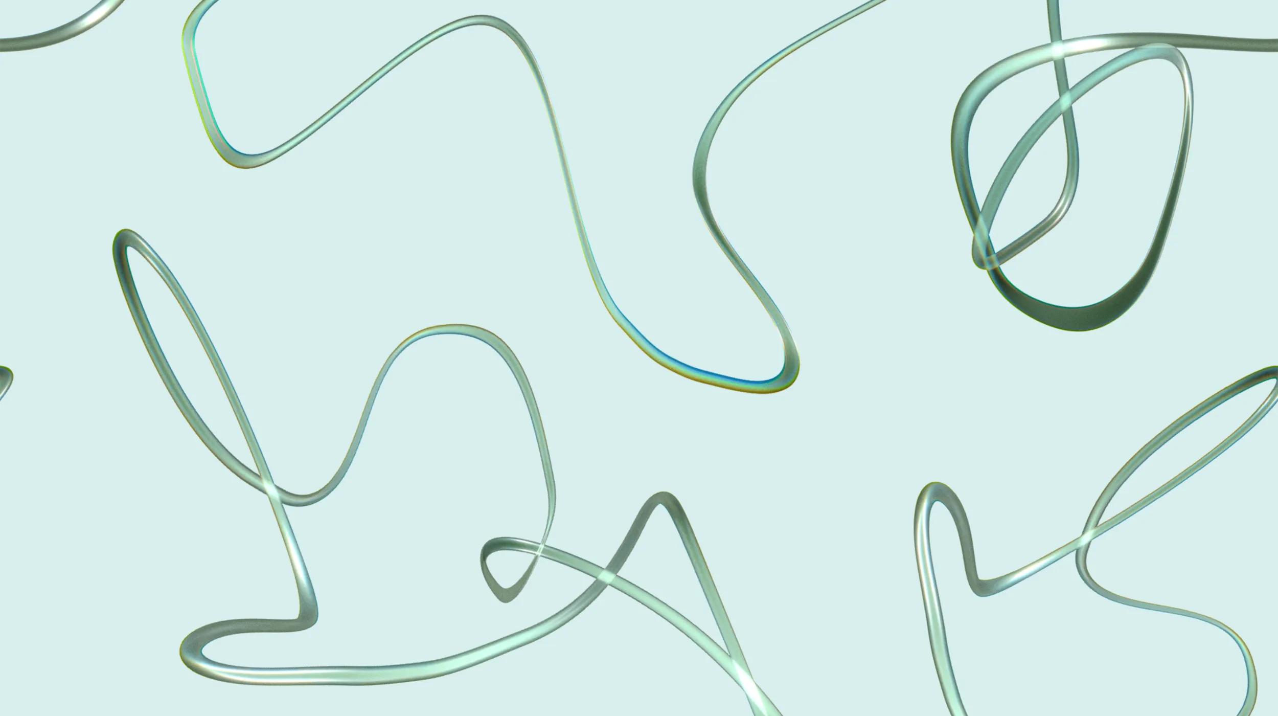 Abstract image of soft green translucent lines forming smooth looping curves on a light green background, creating flowing organic pattern.