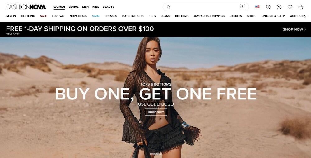 screenshot of Fashion Nova's online retail store