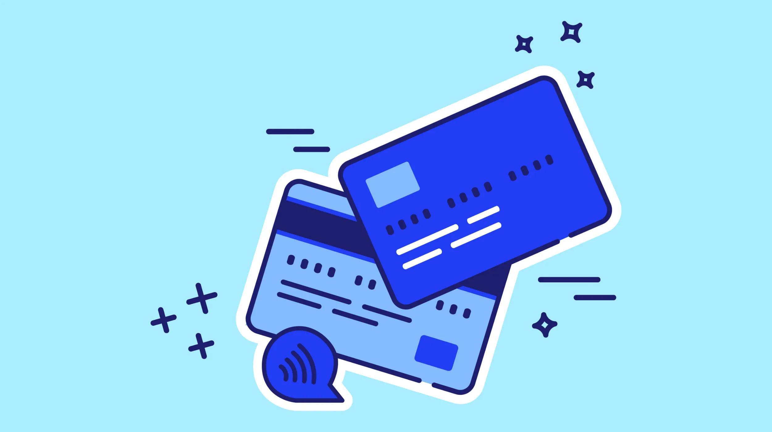 A digital illustration featuring two overlapping credit or debit cards on a light blue background. The top card is solid blue with a lighter blue rectangle and a series of short, light lines representing card details. The bottom card is a lighter blue with dark blue and white accents, showing horizontal lines and dots to indicate card information. In the foreground, there is a circular contactless payment symbol in dark blue. The background is decorated with navy blue stars and short horizontal lines, giving the image a modern, dynamic feel.