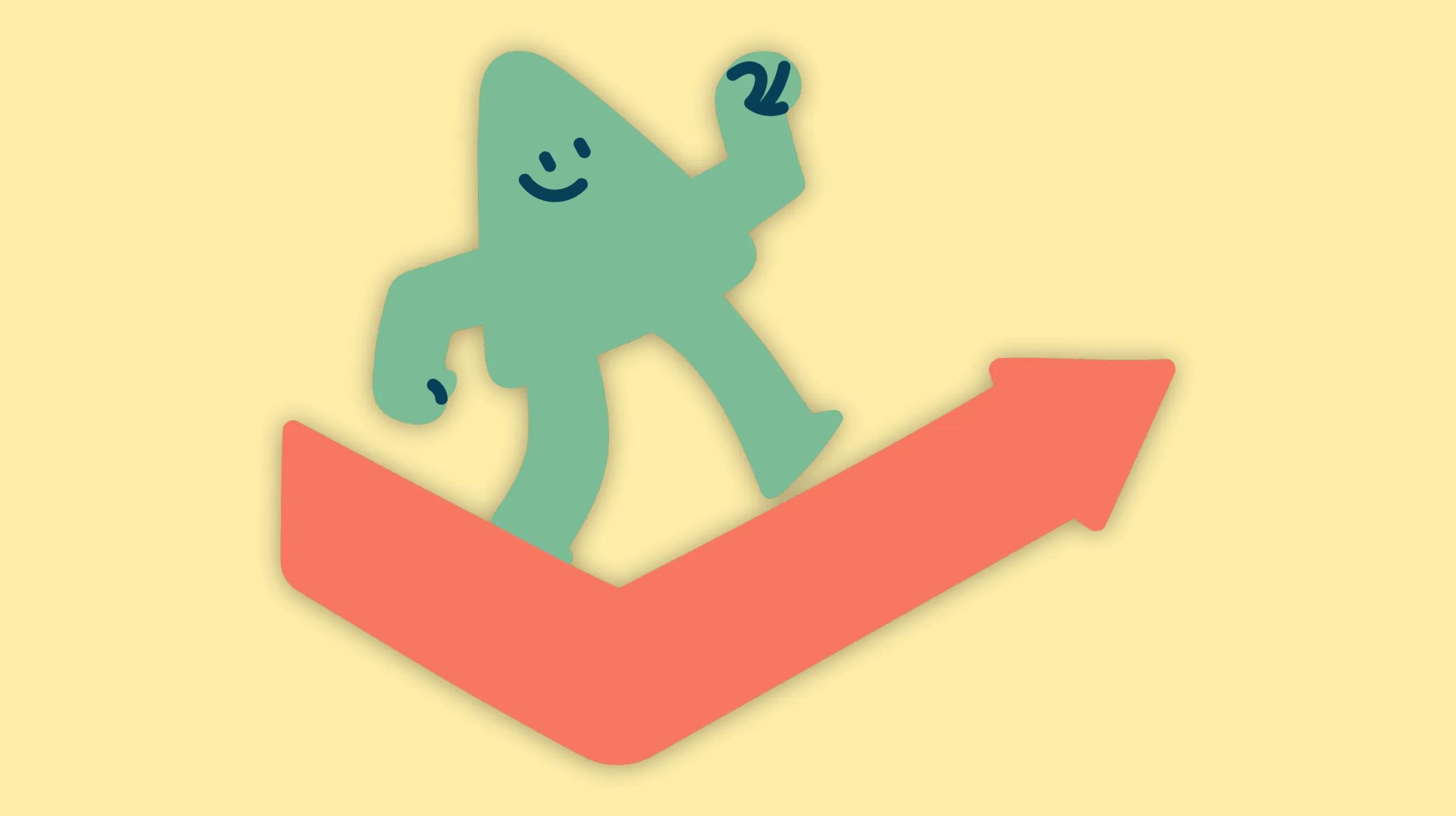 Abstract green character smiling and waving while standing on a large red upward arrow, symbolizing progress and the ability to scale business on a light yellow background.