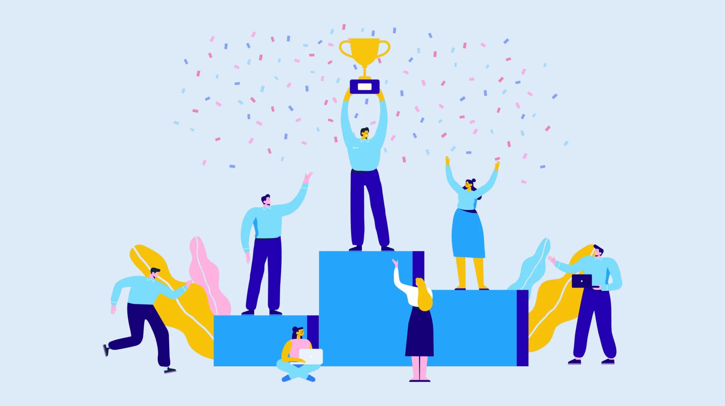 Illustration of six people celebrating on and around a three-tiered winners’ podium. The central figure stands on the highest podium, holding up a gold trophy with confetti falling around them. Other figures stand, sit with a laptop, or gesture in excitement, with abstract colorful leaves in the background. The overall mood is festive and collaborative.