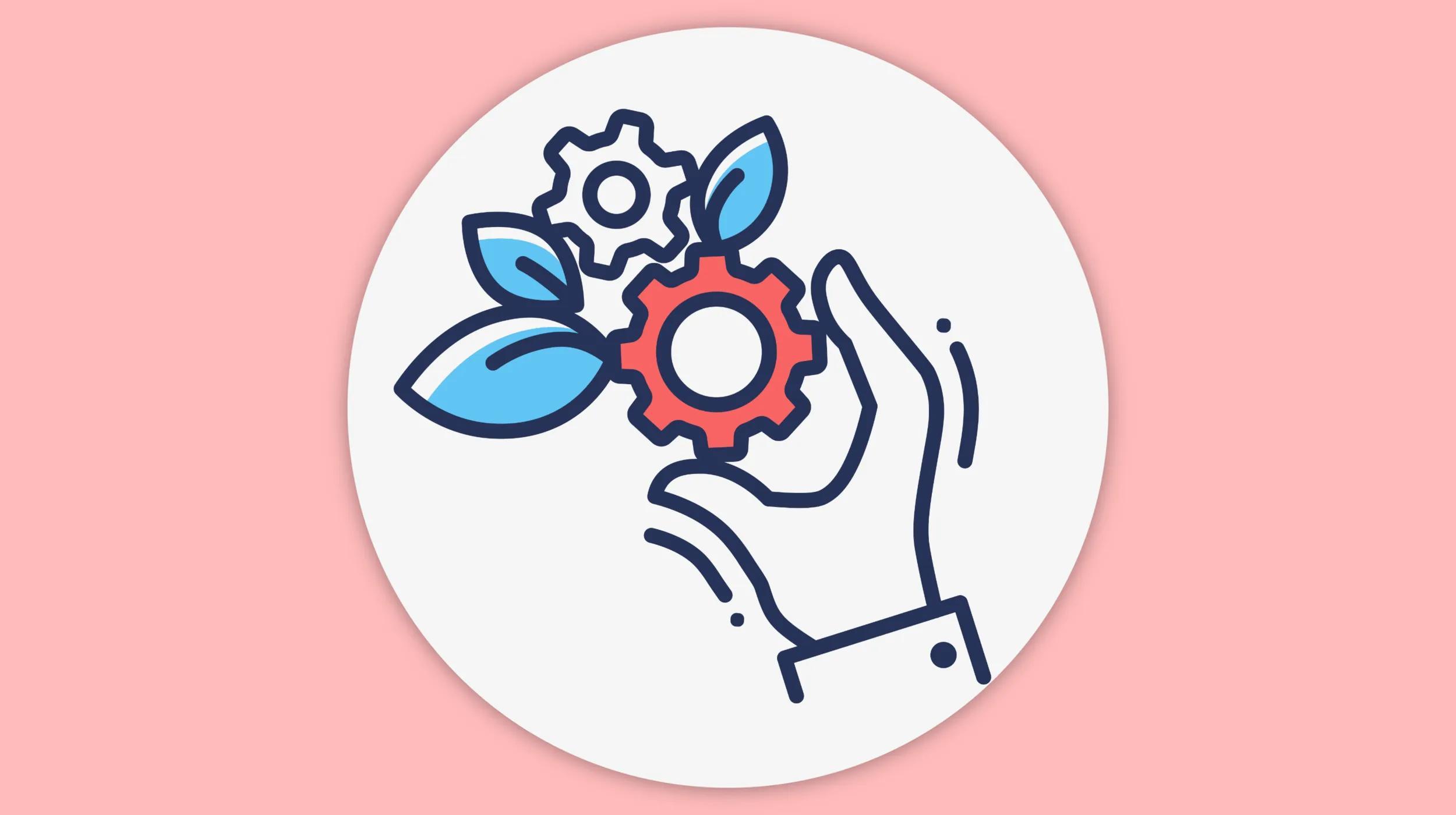 Illustration of a hand holding red gears with green leaves, symbolizing the concept of sustainable or eco-friendly technology, on a white circular background with a pink border.