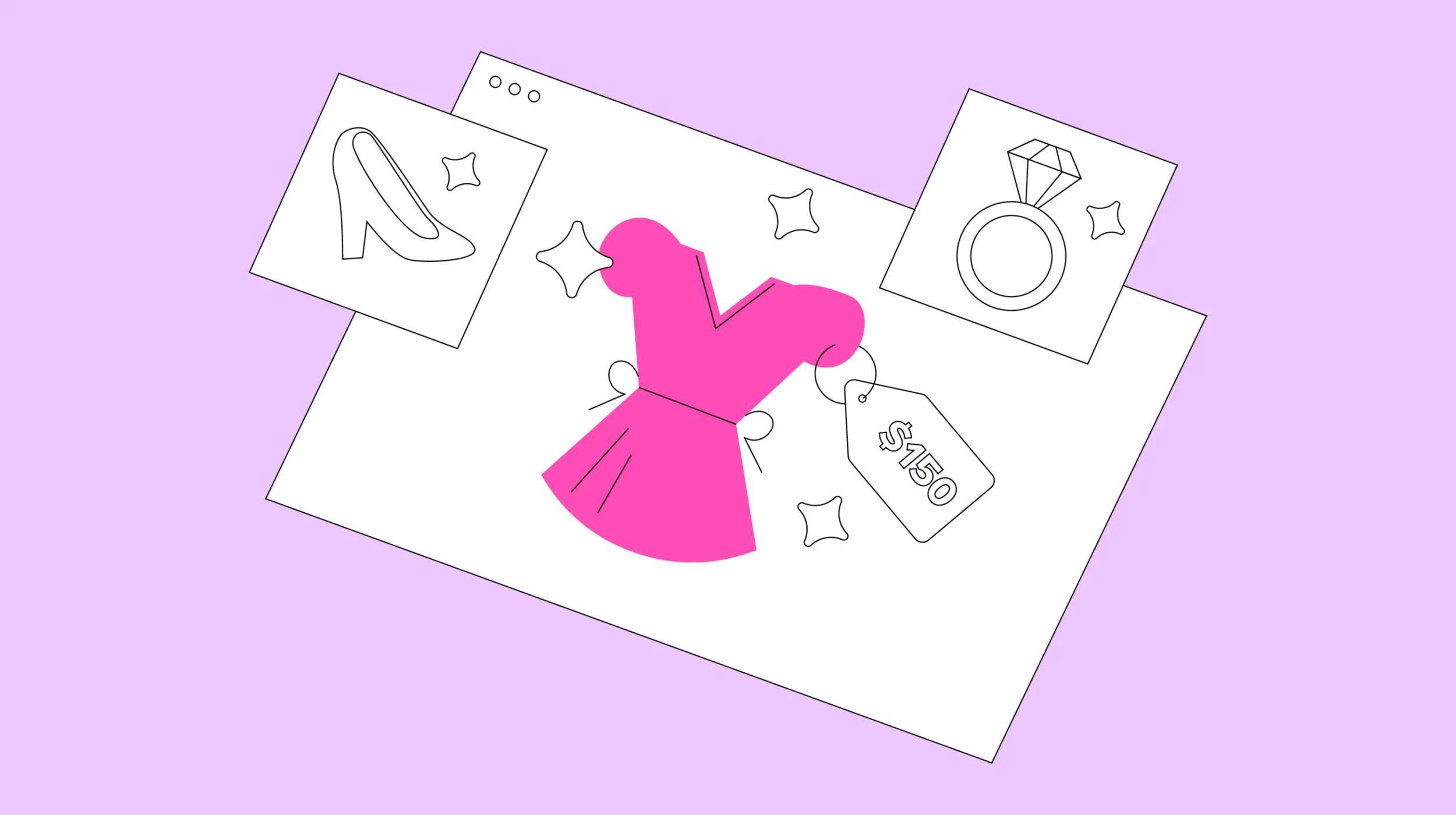 Illustration of an online shopping interface displaying a pink dress with a $150 price tag, surrounded by icons of heels and a ring, highlighting the concept of SKU management in ecommerce and fashion retail.