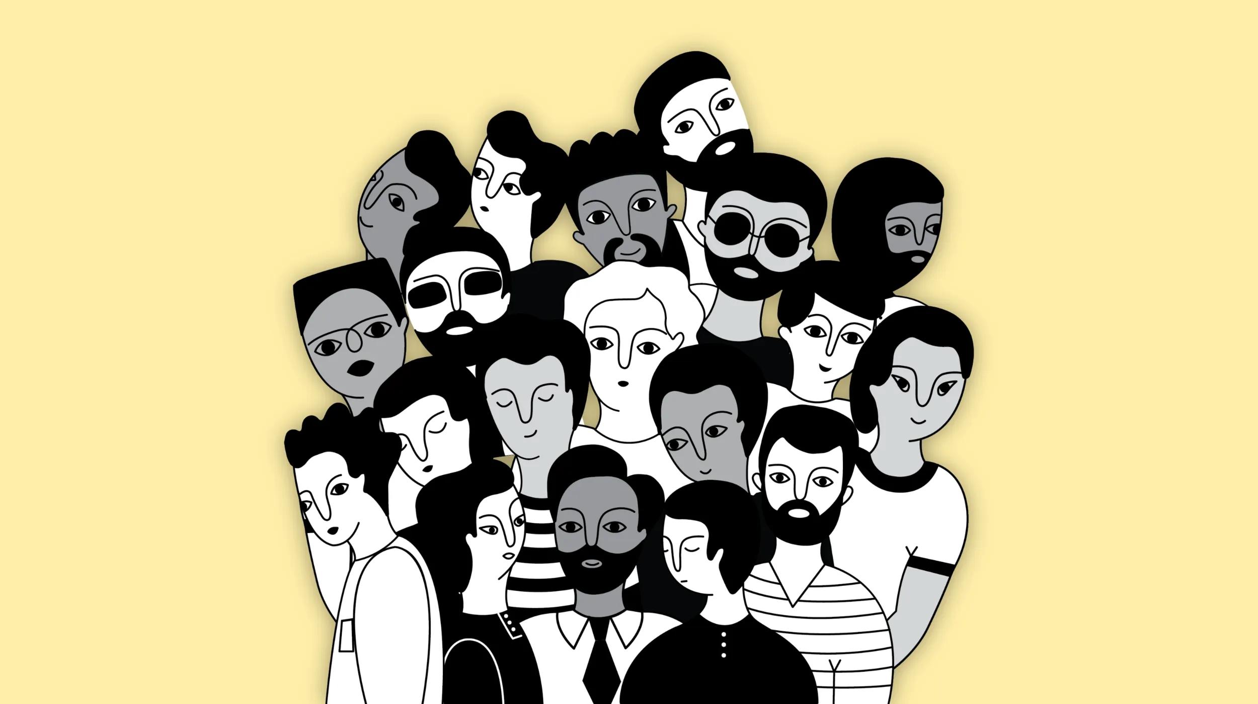Illustrated group of diverse individuals with unique hairstyles, facial features, and clothing styles, set against a bold yellow background. This monochrome artwork highlights inclusivity and individuality—ideal for content aimed at a diverse, socially conscious target audience.