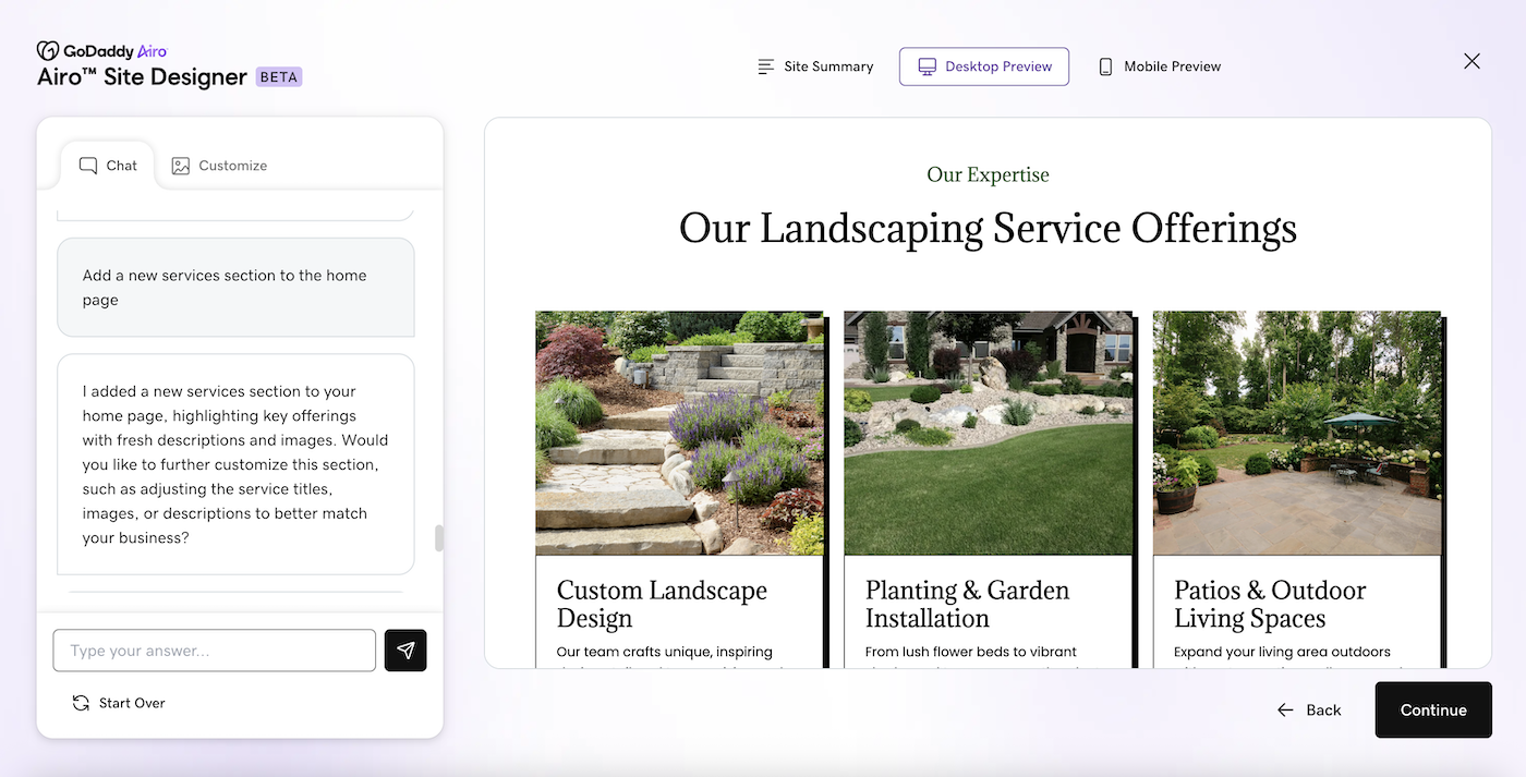 image of airo site designer, an ai chat experience to build a website. Chat window on the left and website preview on the right.