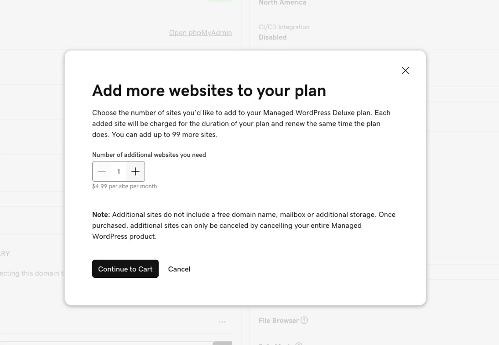 Multi-site plan management UI showing add-on options and site counts.