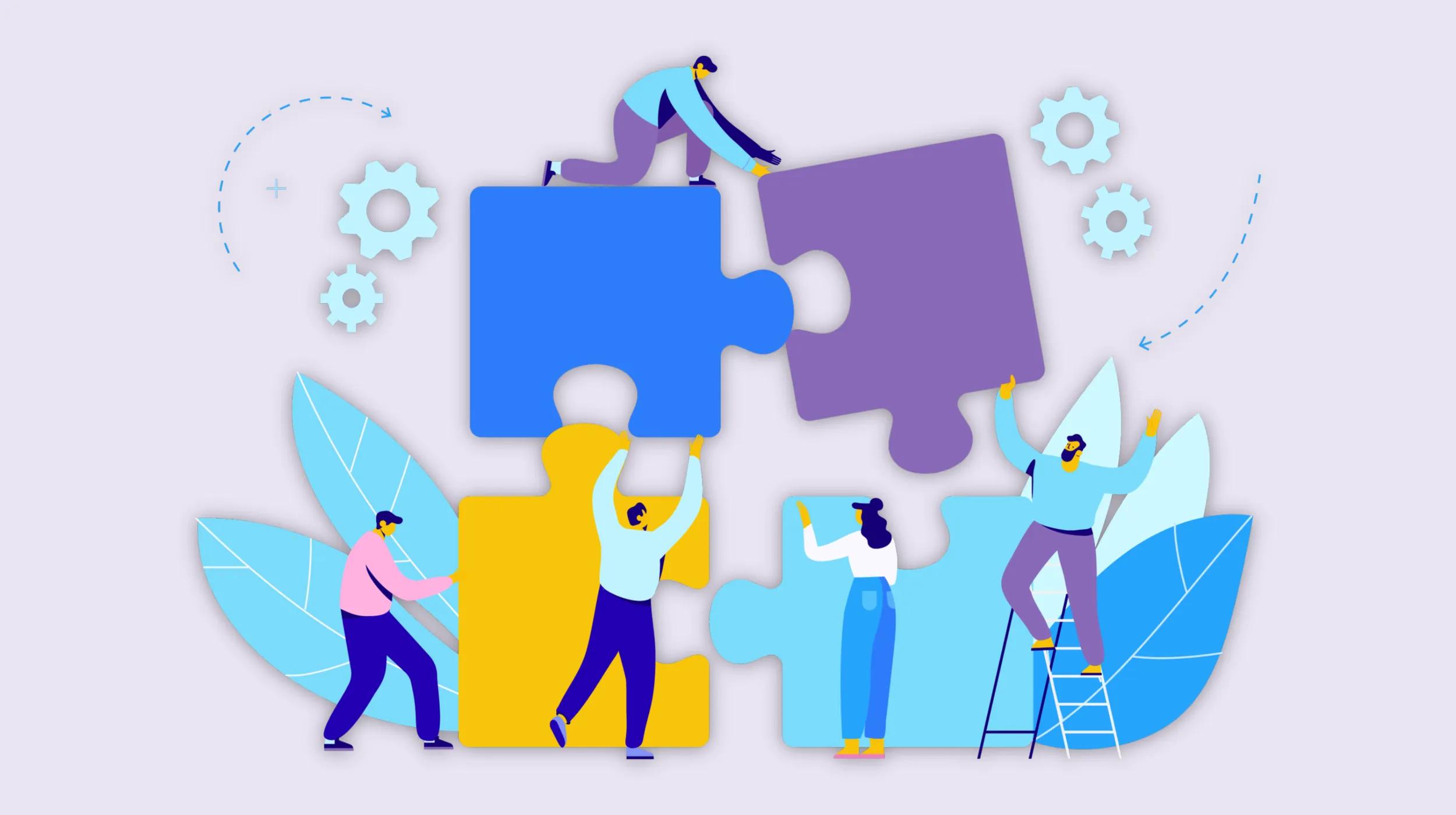 Illustration of four people working together to fit large puzzle pieces, surrounded by gears and leaves, symbolizing teamwork and collaboration in building a strong social media team.