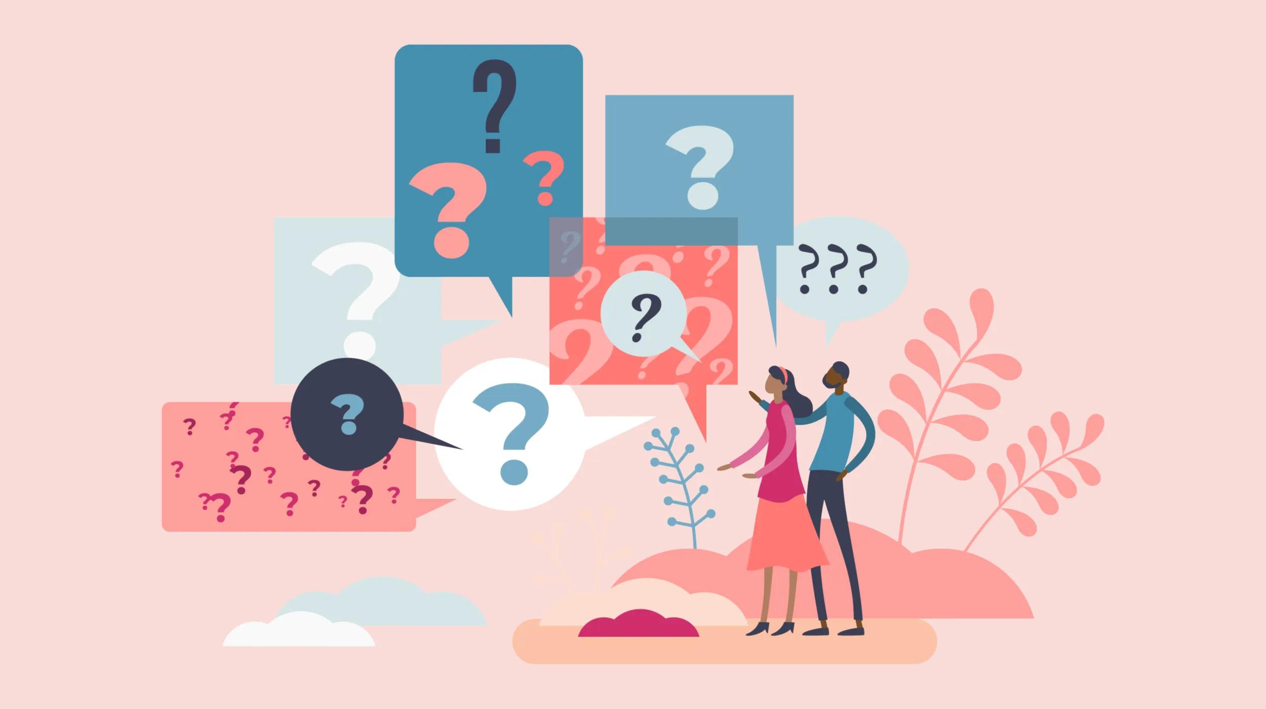 Illustration of two people standing together, surrounded by large speech bubbles filled with question marks, representing confusion or decision-making. The image visually suggests uncertainty or a need for answers, suitable for topics like choosing between .com vs .net vs .org domain extensions.