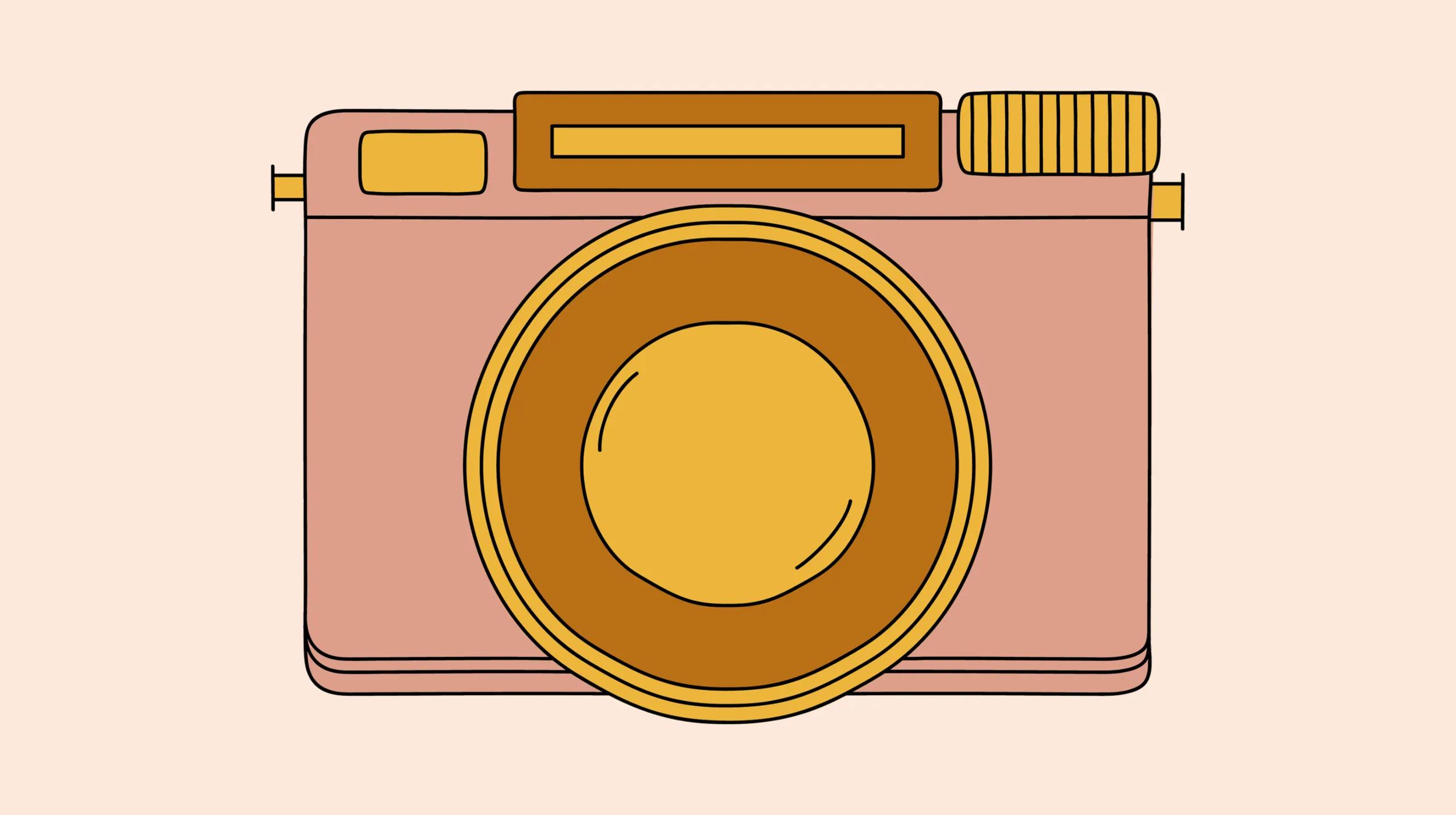 Simple illustration of a vintage camera in shades of brown and yellow, representing photography. This image could be used in contexts discussing copyright-free images and where to find them.