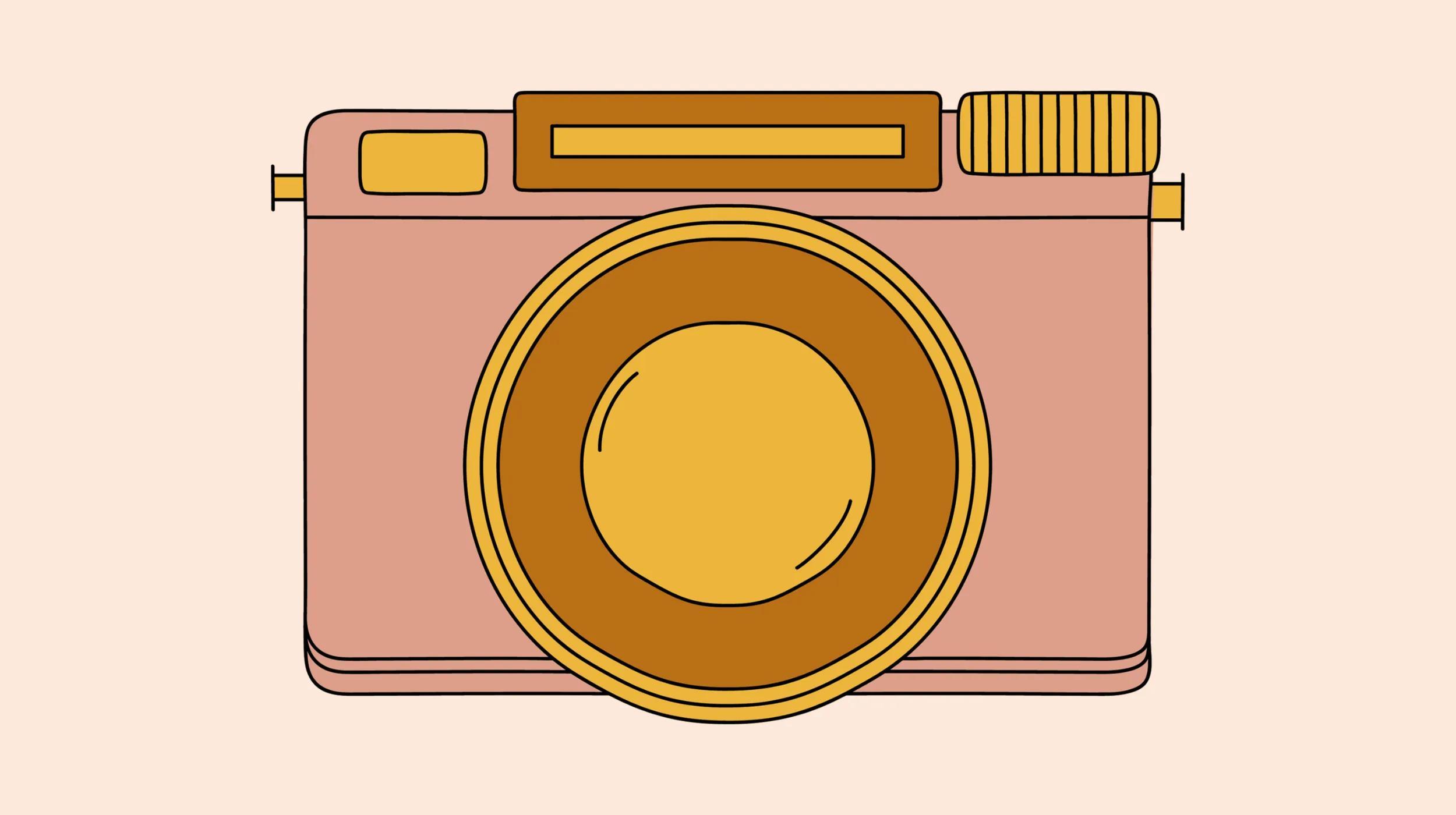 Simple illustration of a vintage camera in shades of brown and yellow, representing photography. This image could be used in contexts discussing copyright-free images and where to find them.
