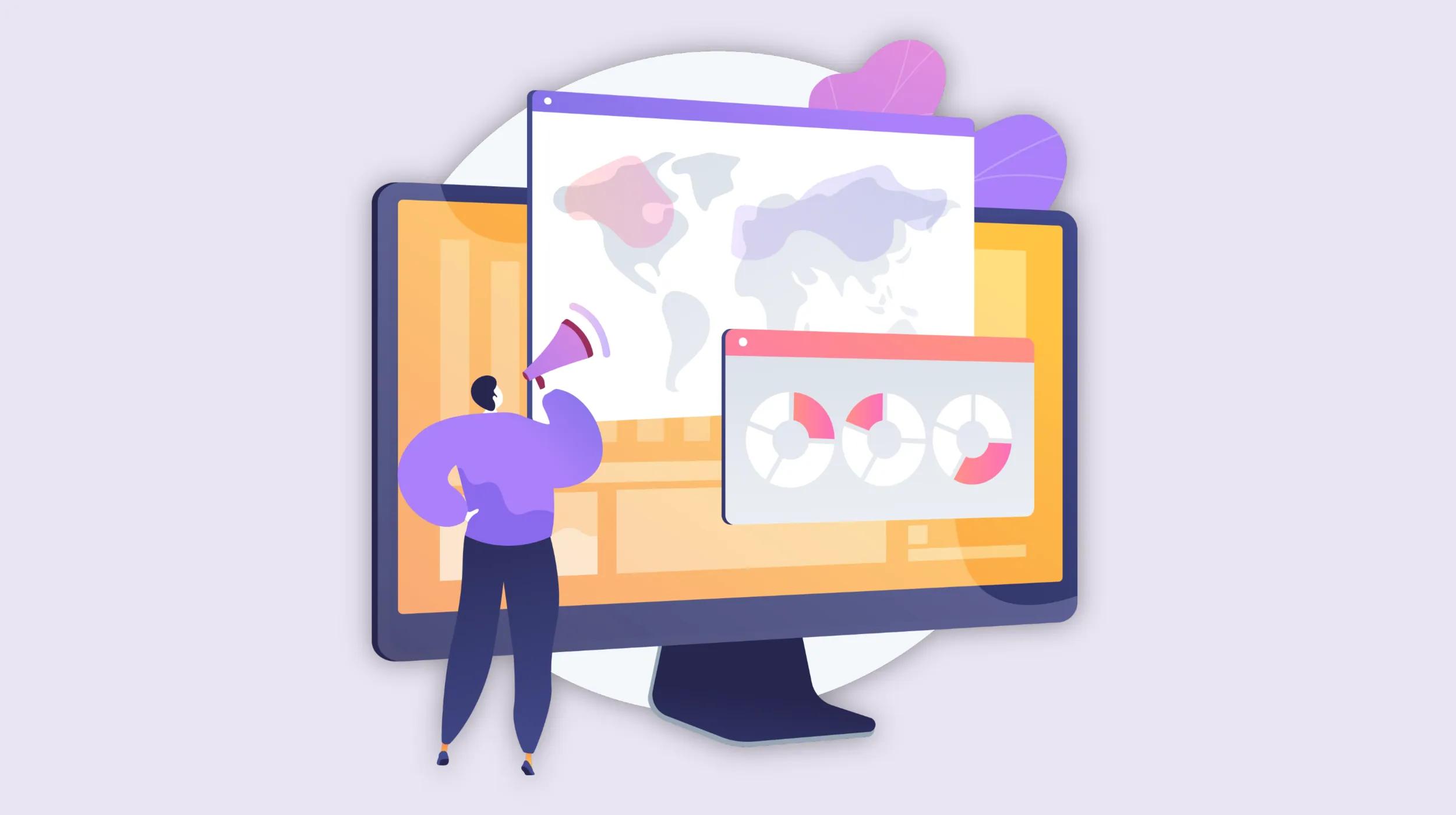 Illustration of a person with a megaphone in front of a computer displaying world maps and charts, representing data analysis and marketing for how to increase market share.