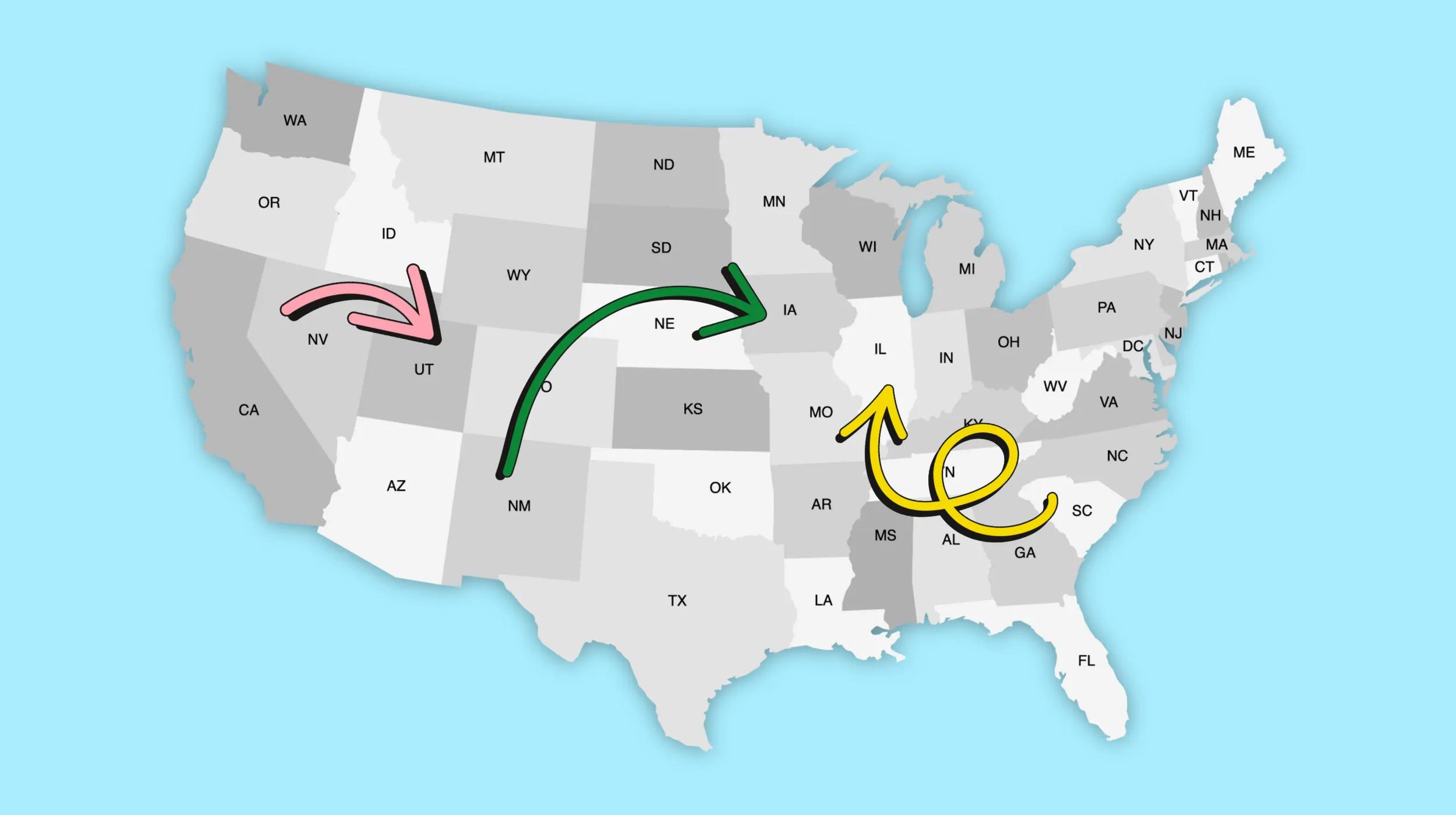 Map of the United States with three large, colorful arrows showing movement between different states, illustrating the concept of how to transfer an LLC to another state
