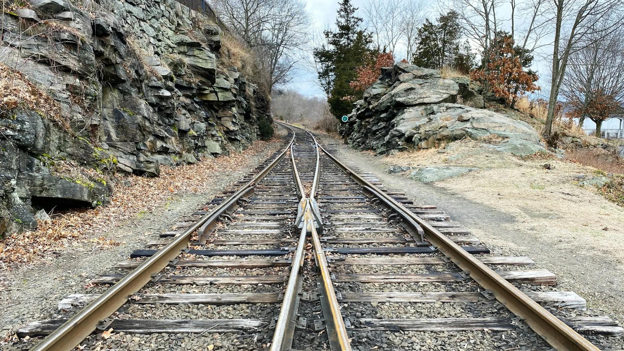 A set of railroad tracks splitting into two directions between rocky cliffs, symbolizing making a decision or choosing a new path, such as the process to transfer an LLC to another state.