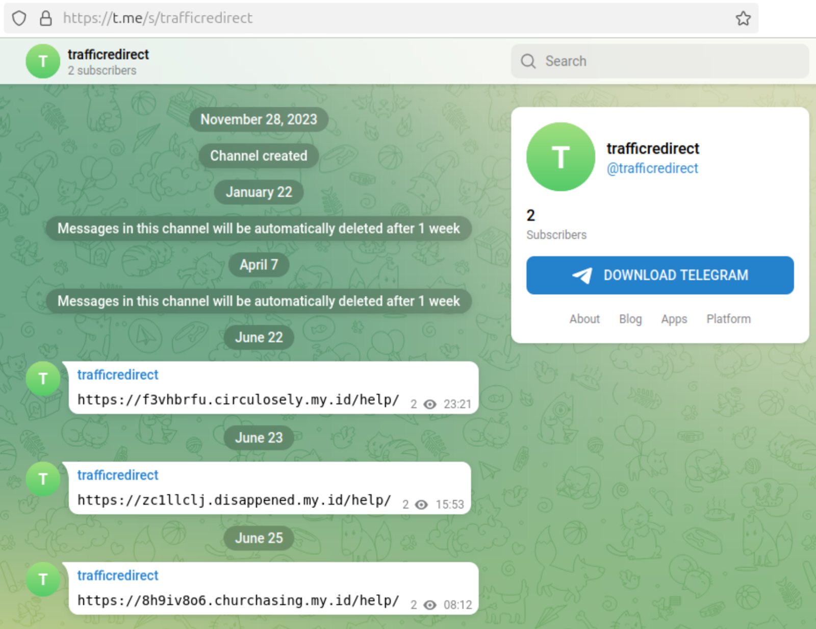 Example contents from the trafficredirect telegram channel
