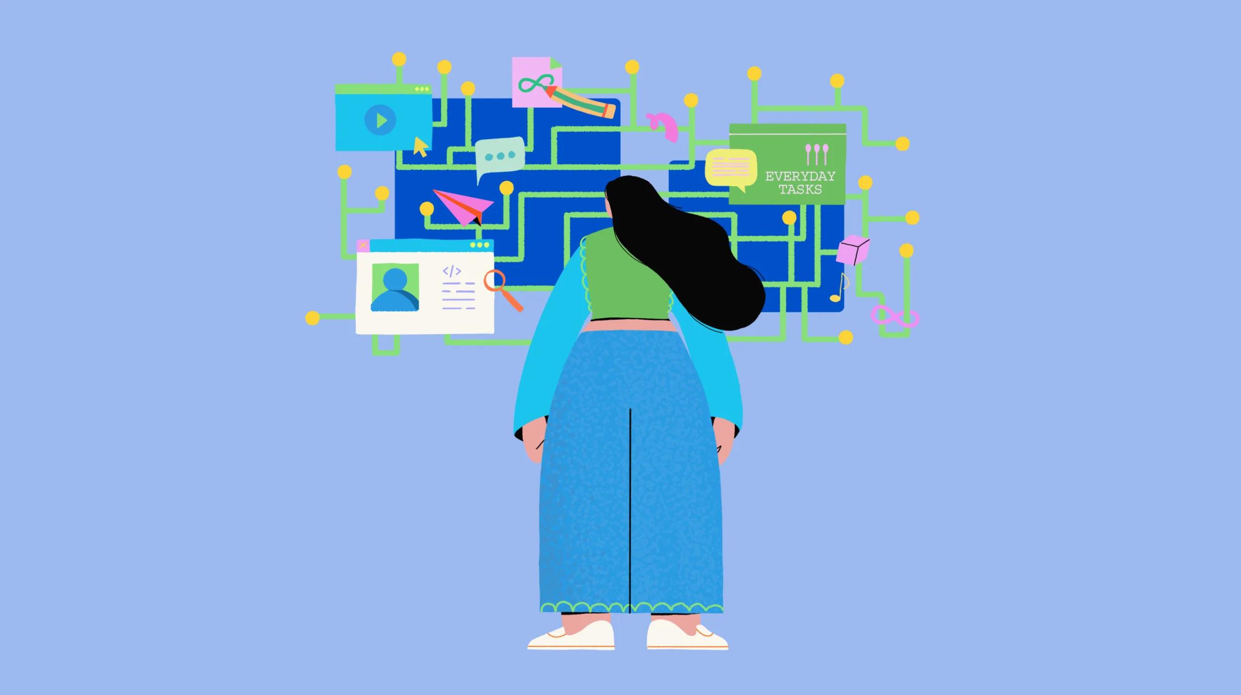Alt text: Illustration of a woman standing in front of a digital interface filled with icons for tasks, communication, and user profiles, symbolizing business management. The image visually represents the difference between an LLC organizer vs. member, with interconnected elements highlighting their distinct roles in organizing and participating in an LLC.