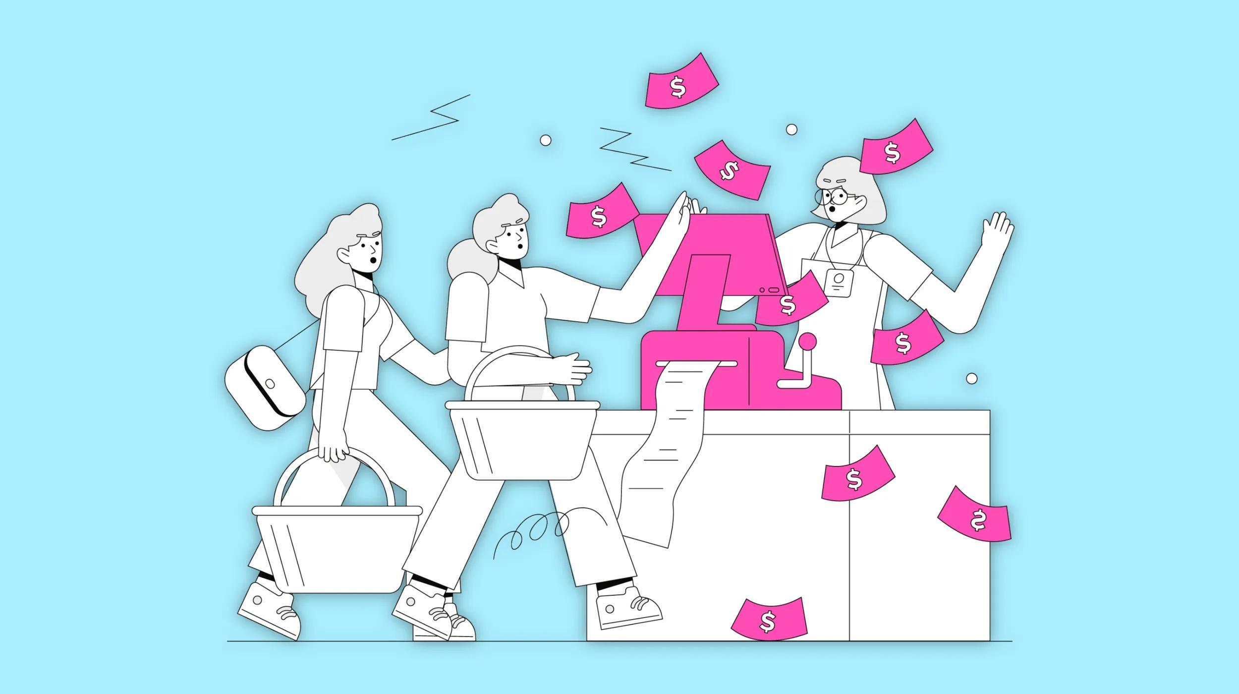 Illustration of two shoppers with baskets rushing past a cashier at a checkout counter, with pink dollar bills flying around, symbolizing money loss. The image represents challenges in retail and the importance of loss-prevention strategies.