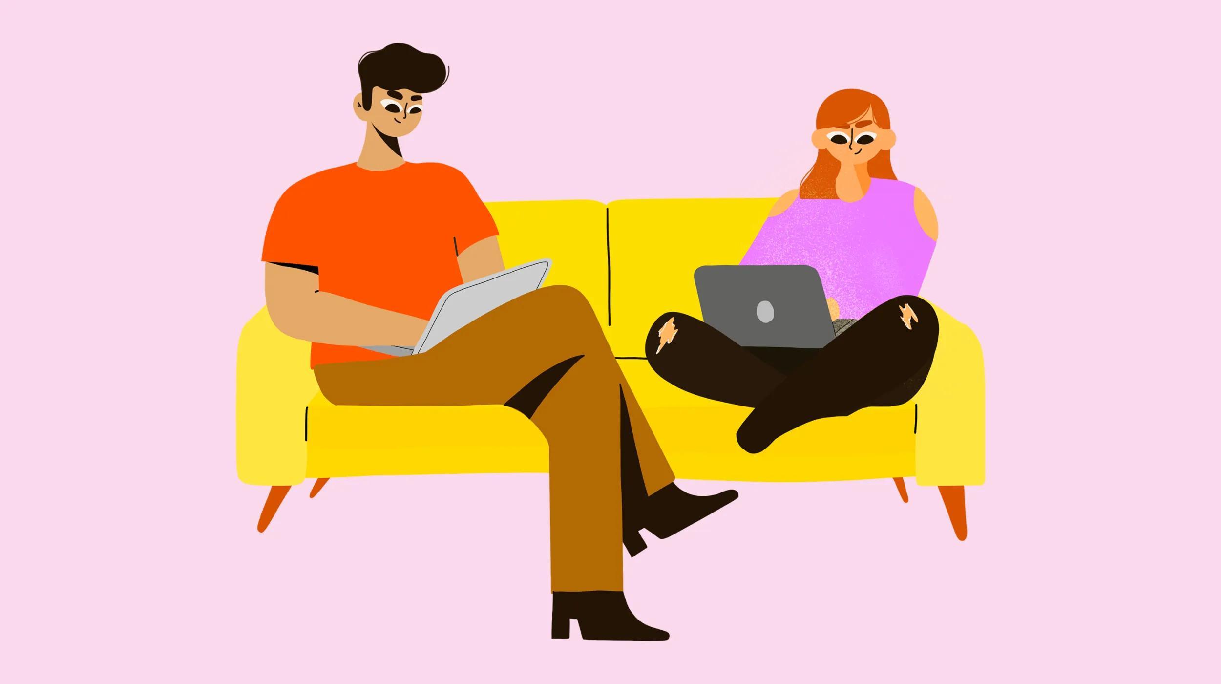 Illustration of two people sitting on a yellow couch with laptops, working together and researching the most profitable businesses. The background is light pink.