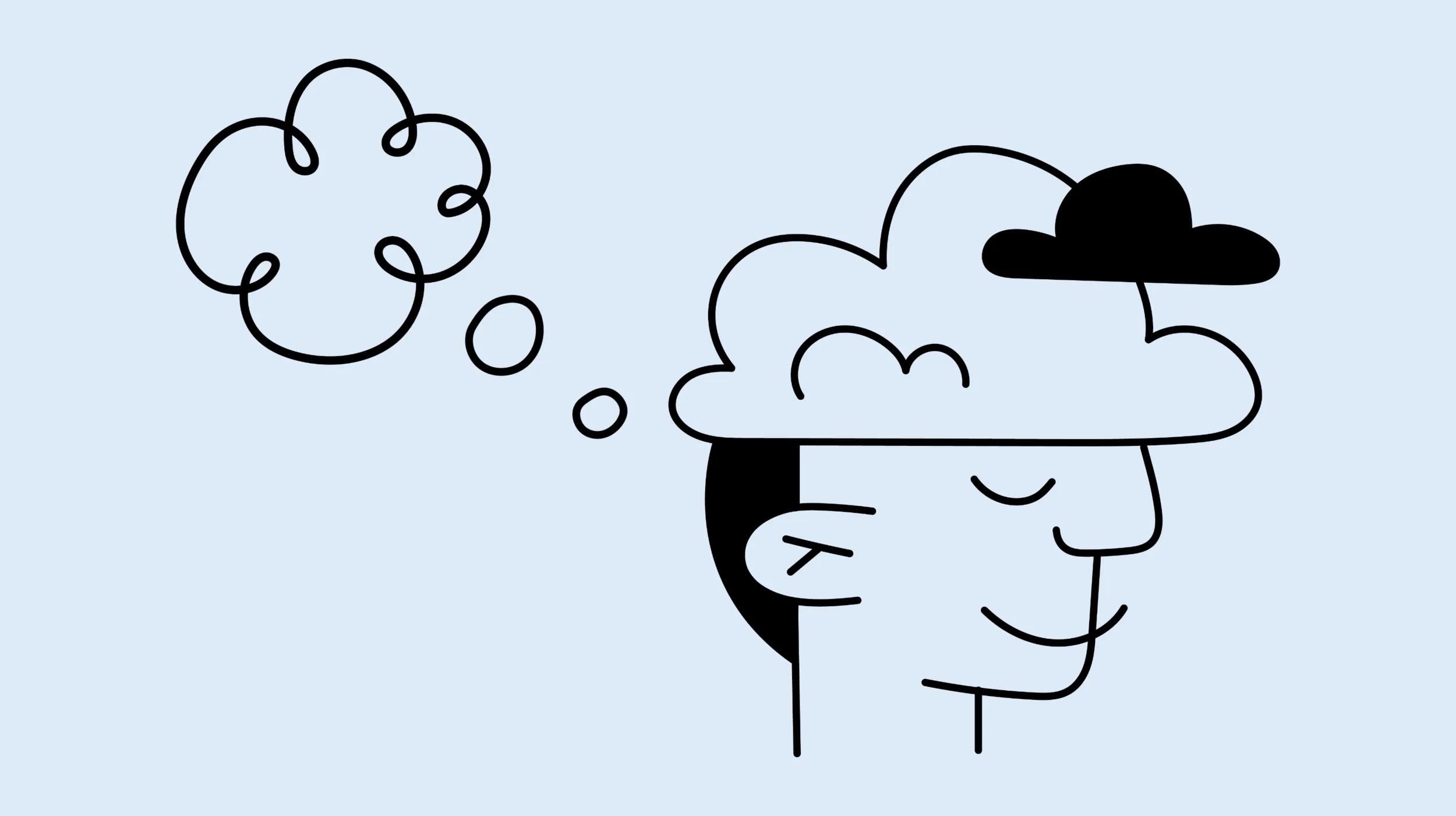 Simple line drawing of a person with a cloud-shaped thought bubble above their head and another cloud forming the top of their head, representing the creative process of namestorming.