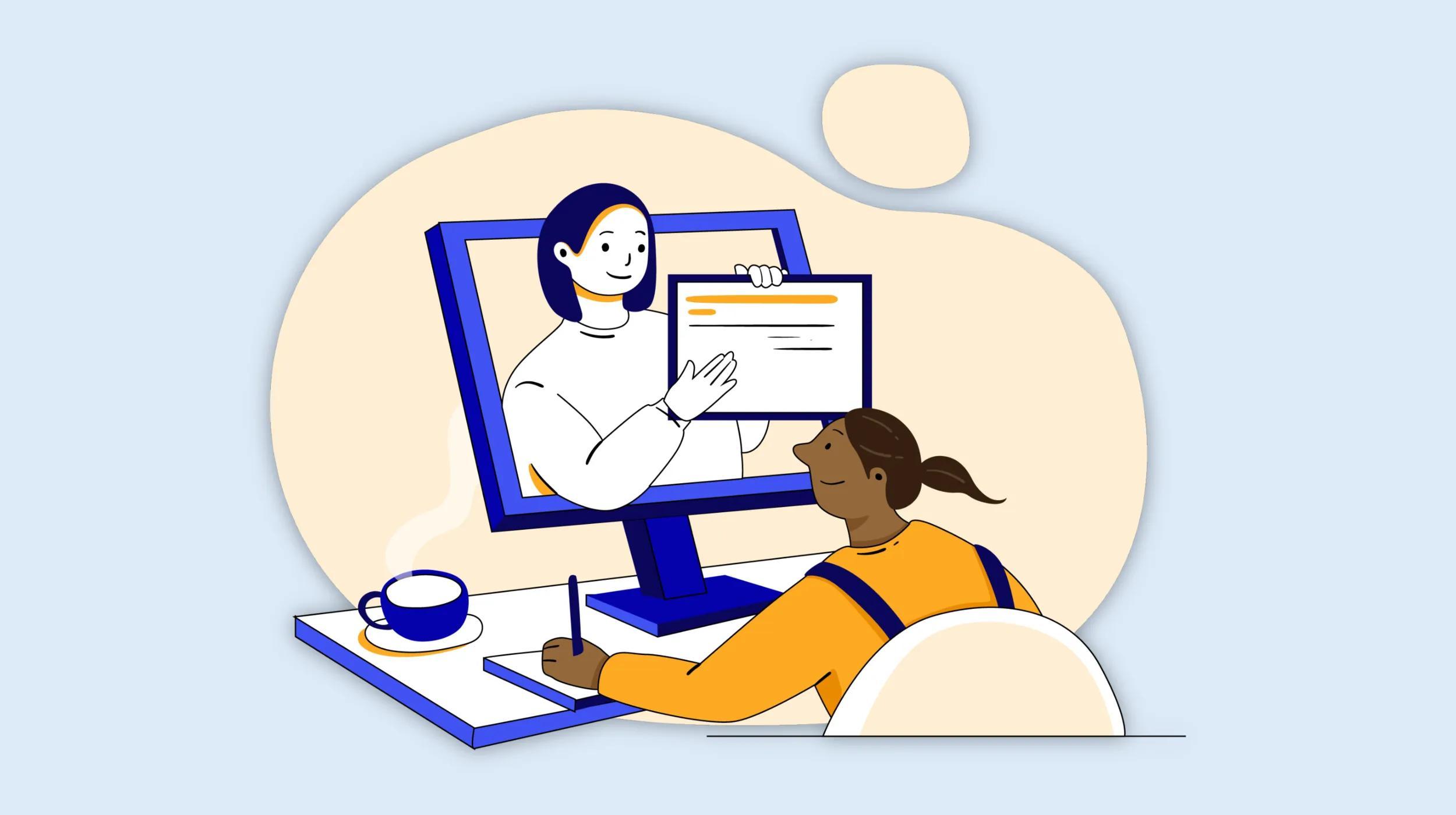 An illustration showing a person at a desk taking notes while engaging with another person on a computer screen who is holding up a document. This image signifies online learning or conducting business remotely, highlighting that a seller’s permit is still required for selling taxable goods or services online, just as with in-person sales.
