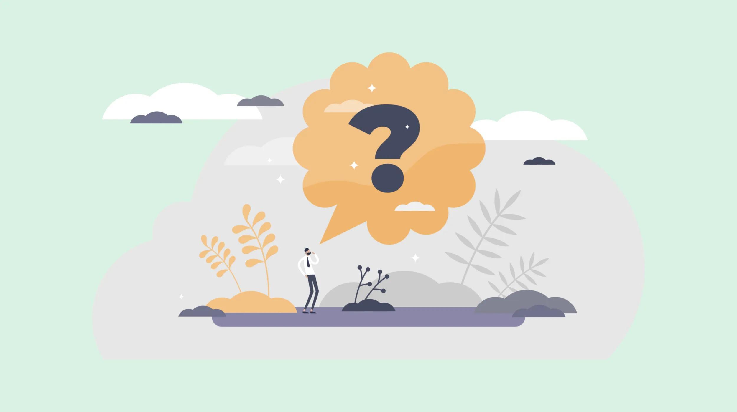 Illustration of a person standing thoughtfully outdoors with a large orange speech bubble containing a question mark above their head, representing curiosity or decision-making. The image symbolizes the process of brainstorming or choosing SEO company names, with the individual contemplating different options and ideas.