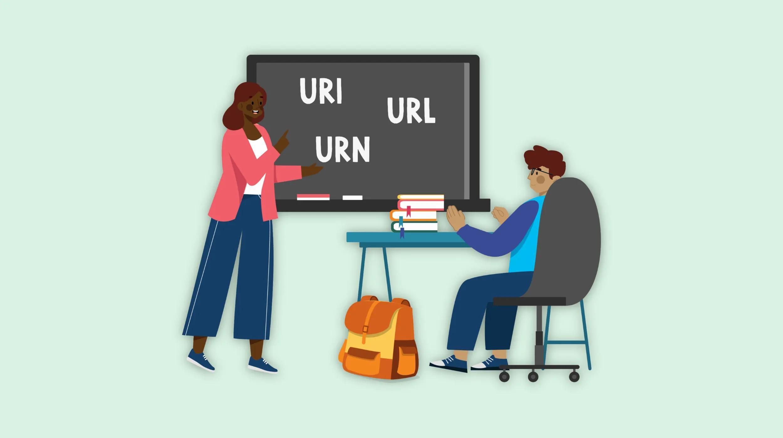 An illustration of a teacher pointing to a chalkboard with the terms "URI," "URL," and "URN" written on it, while a student sits at a desk with books and a backpack, signifying a classroom lesson about web terminology.